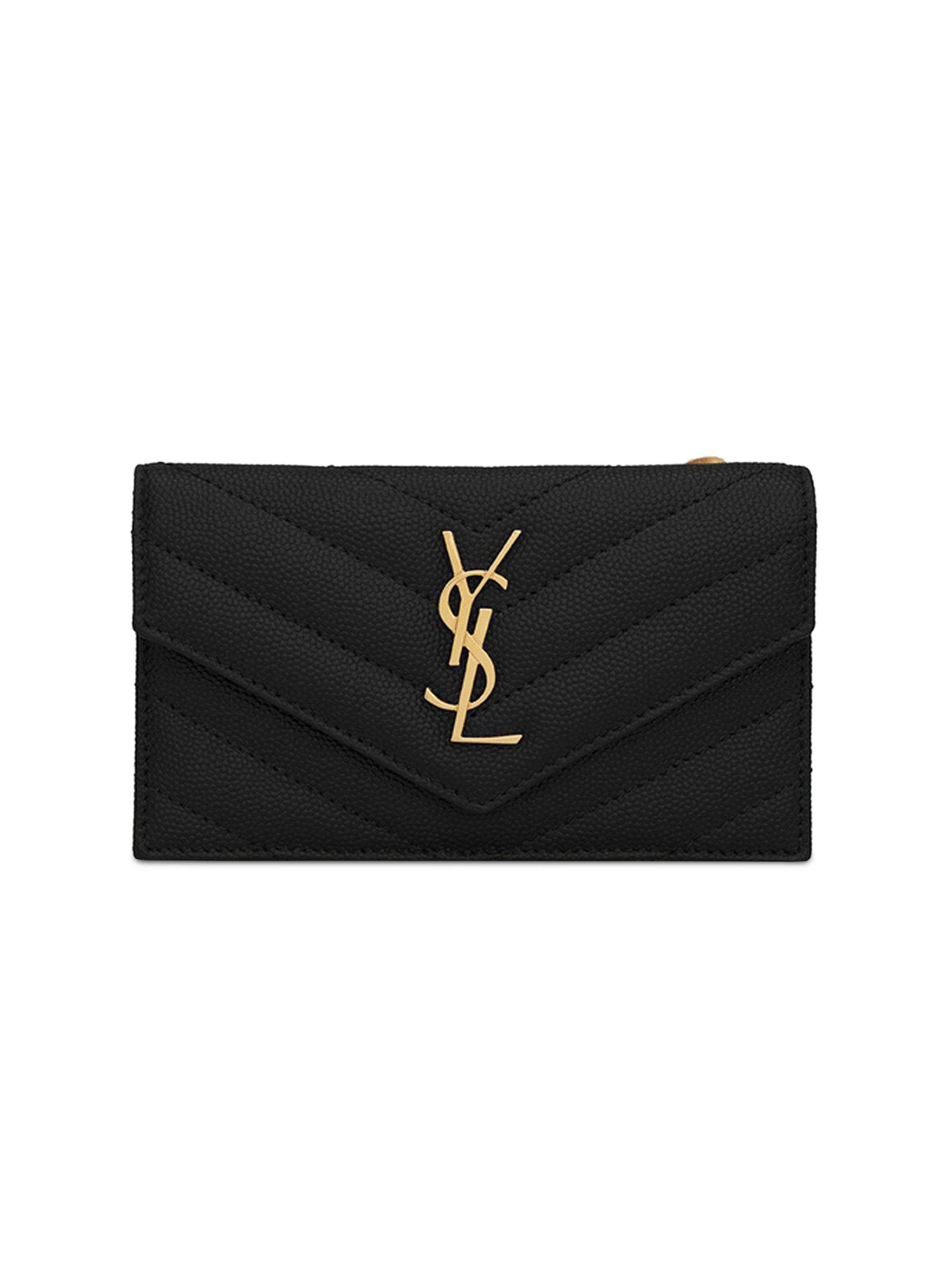 Saint Laurent Women's Cassandre Matelassé Fragments Flap Card Case in Grain de Poudre Embossed Leather - Nero