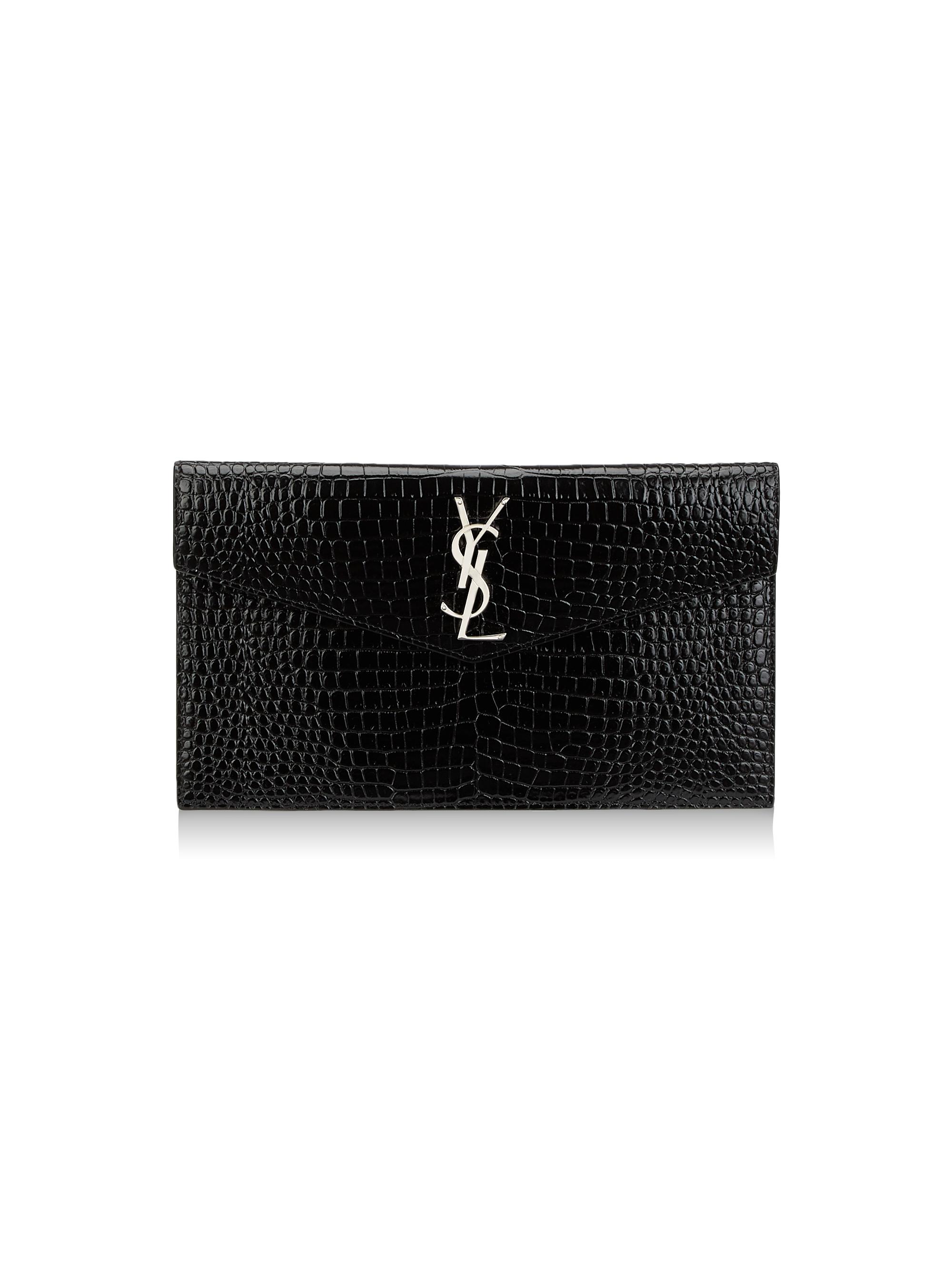 Saint Laurent Women's Uptown Pouch In Crocodile Embossed Shiny Leather - Nero