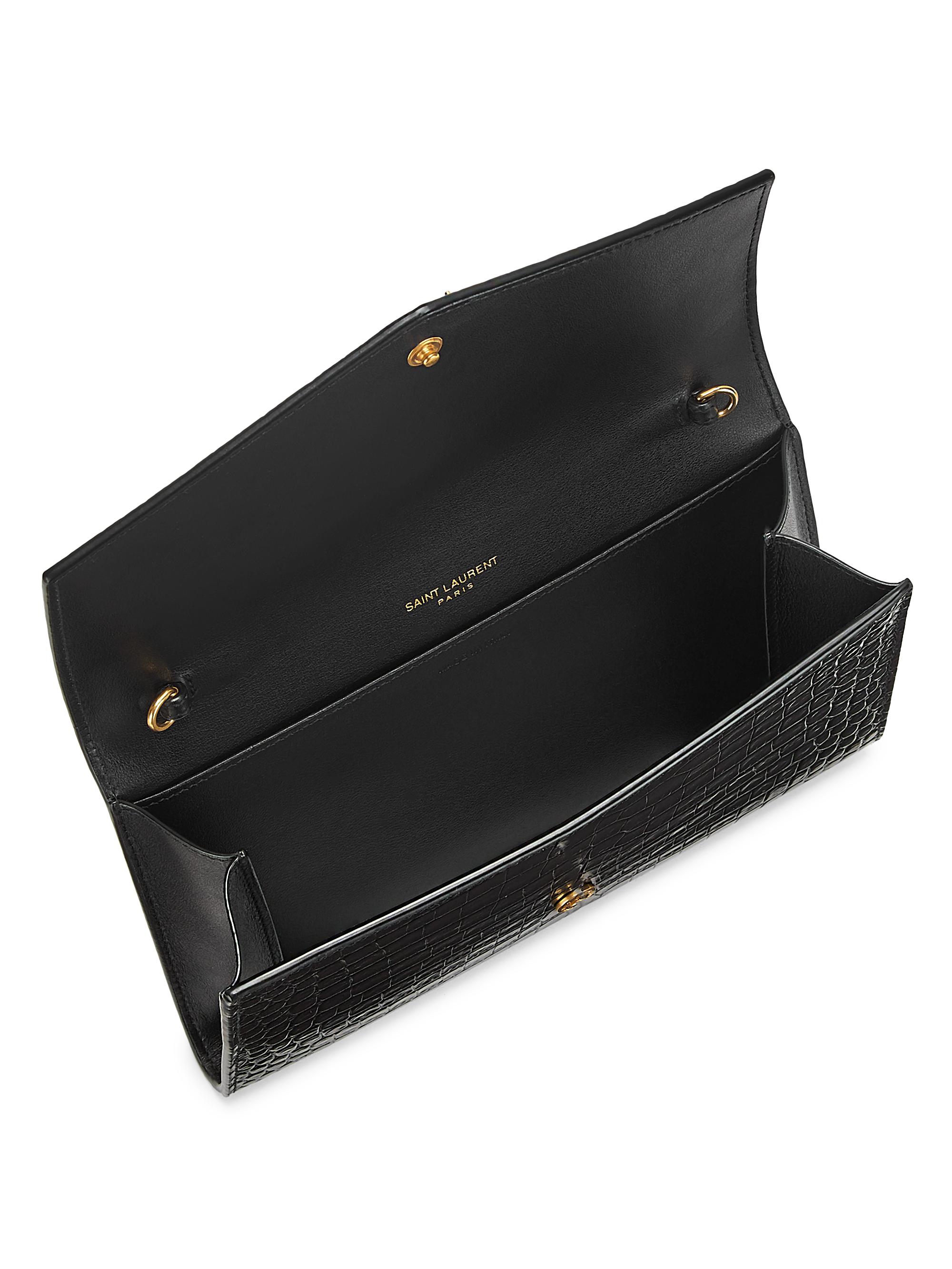 Saint Laurent Uptown Chain Wallet In Crocodile-embossed Shiny