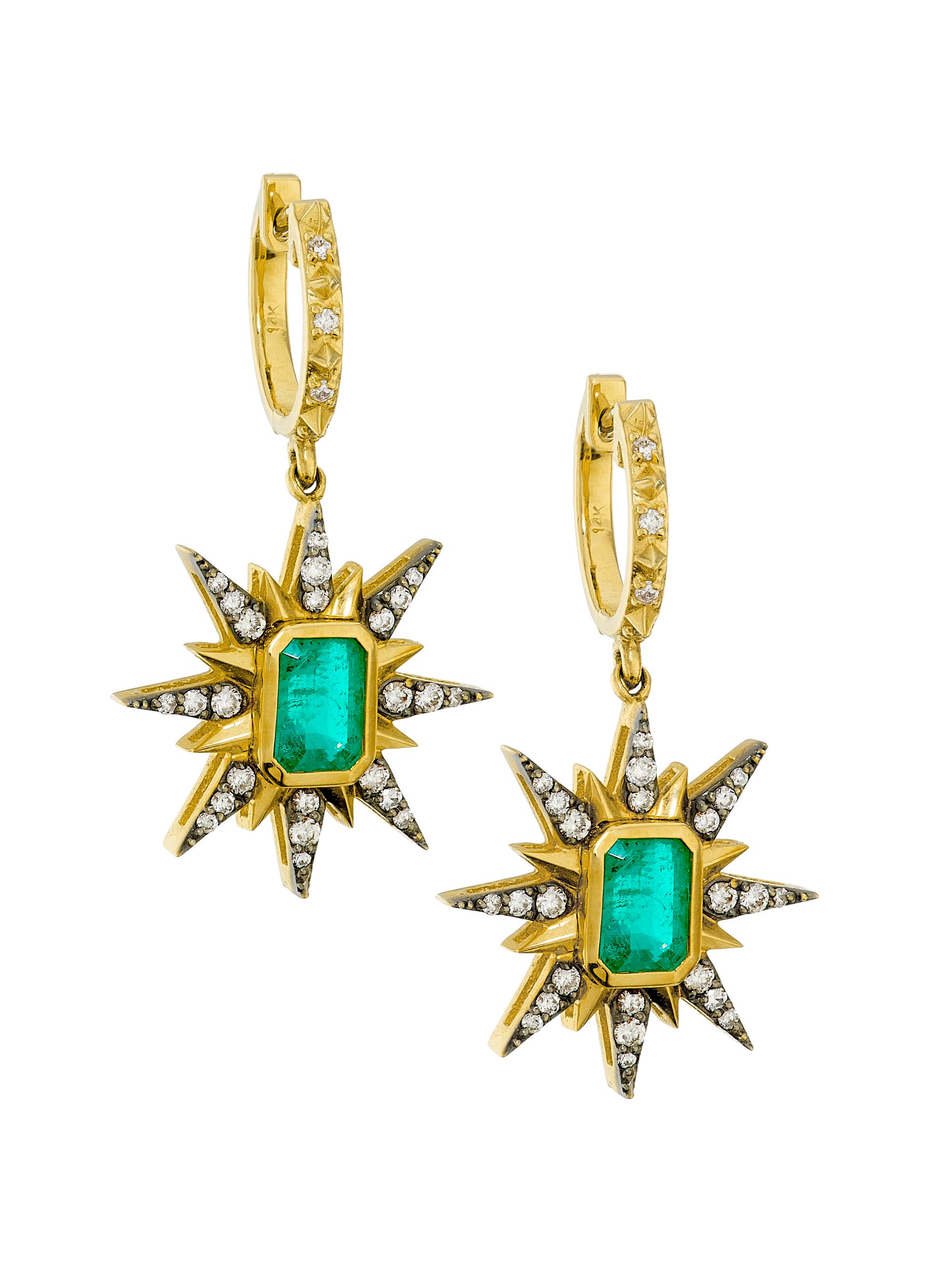 Marlo Laz Women's Minerva 14K Yellow Gold, Emerald & 0.56 TCW Diamond Starburst Drop Earrings - Gold