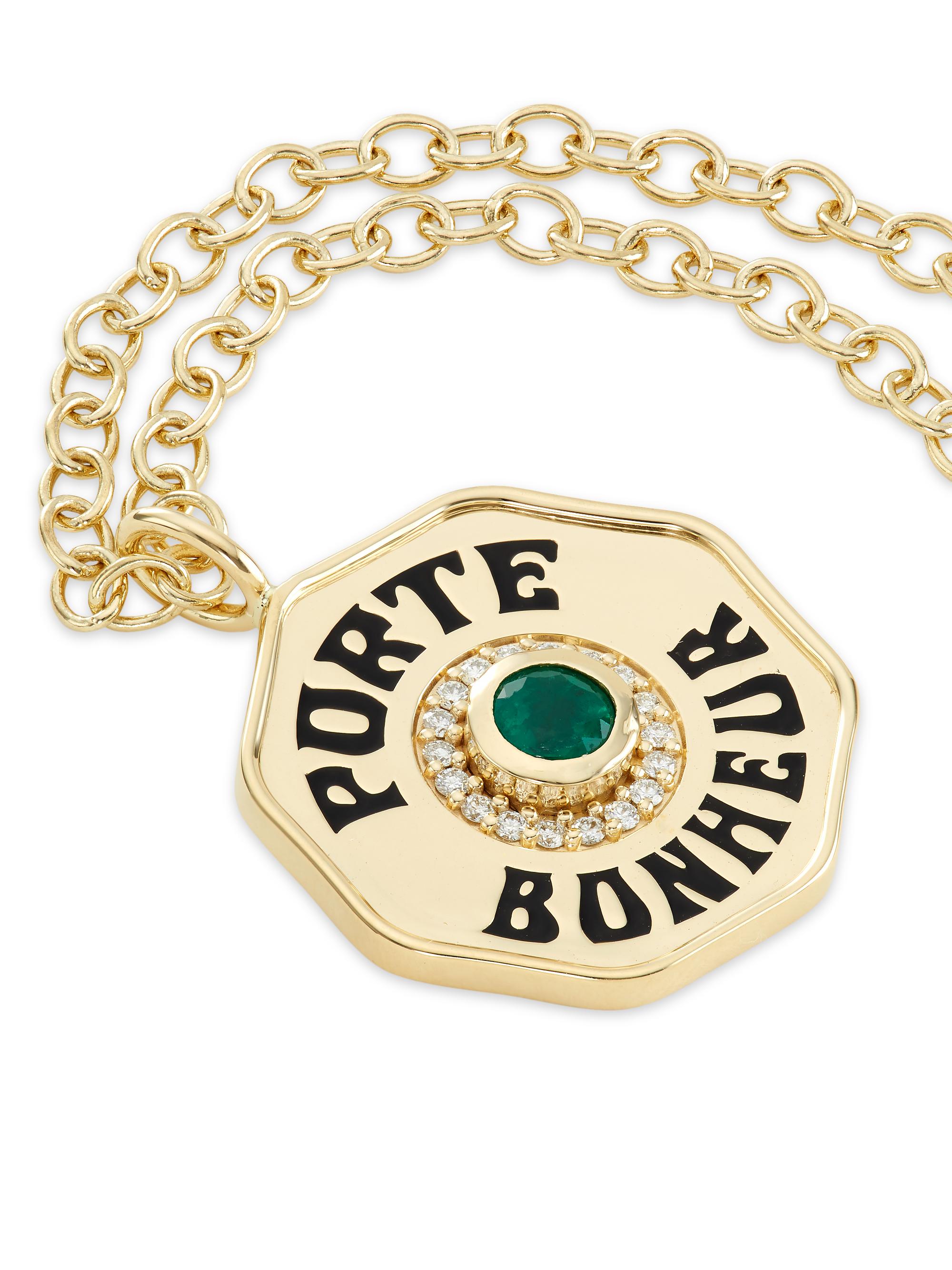 Marlo Laz Je Porte Bonheur Large 14K Yellow Gold, Enamel, Emerald