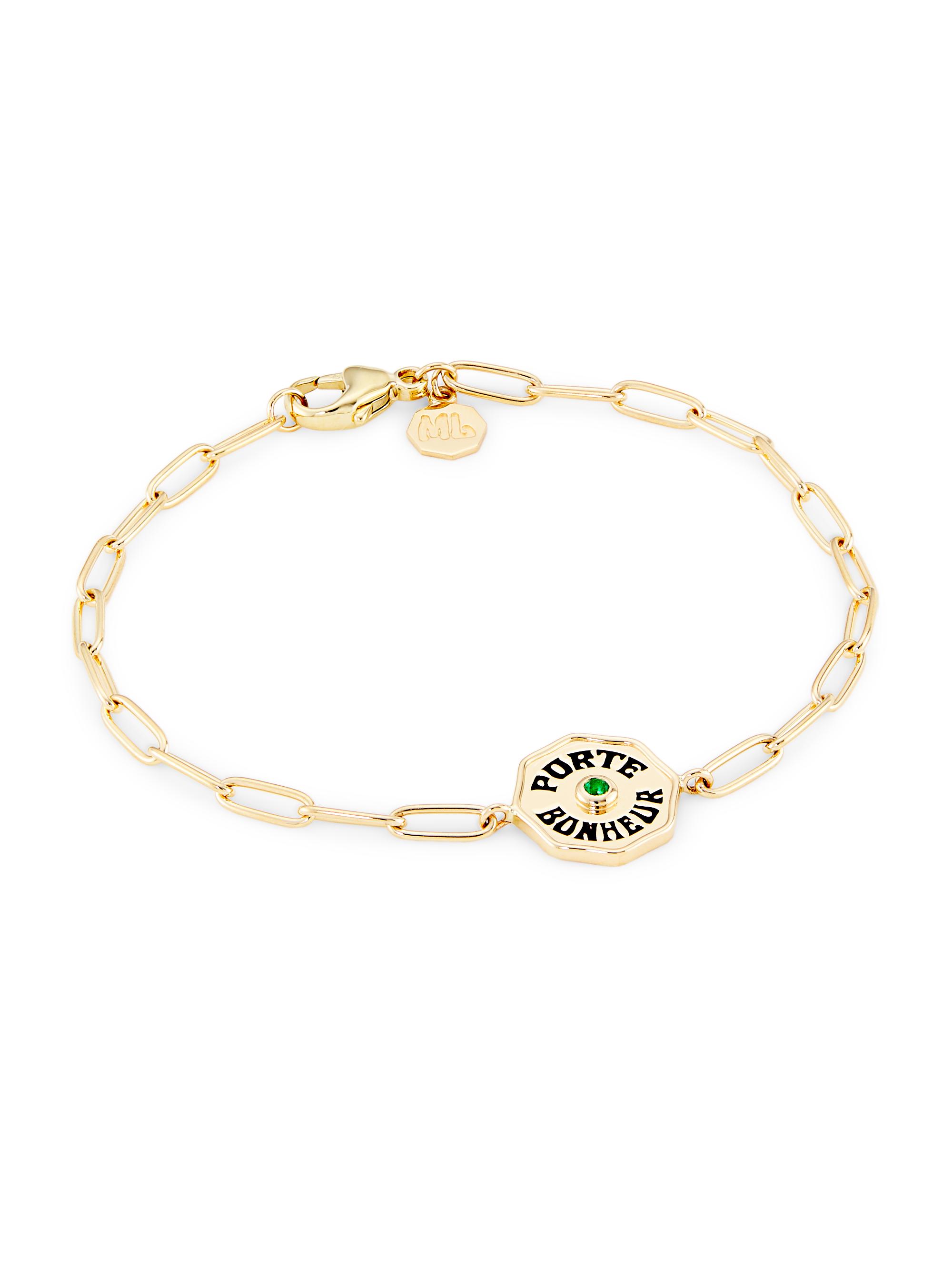 Marlo Laz Women's Je Porte Bonheur 14K Yellow Gold, Emerald & Black Enamel Paper Clip Chain Bracelet - Emerald