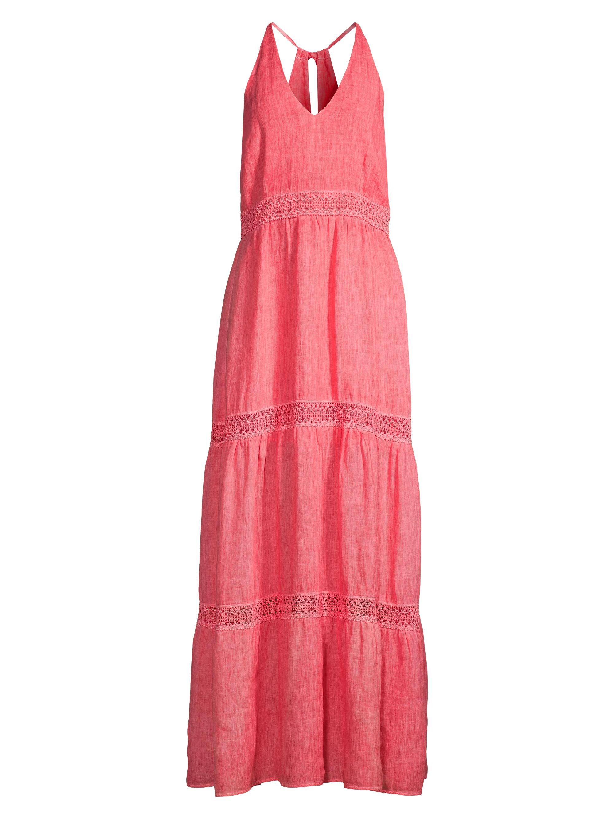 120% Lino Women's Resort Linen Tiered Halter Maxi Dress - Coral Pink