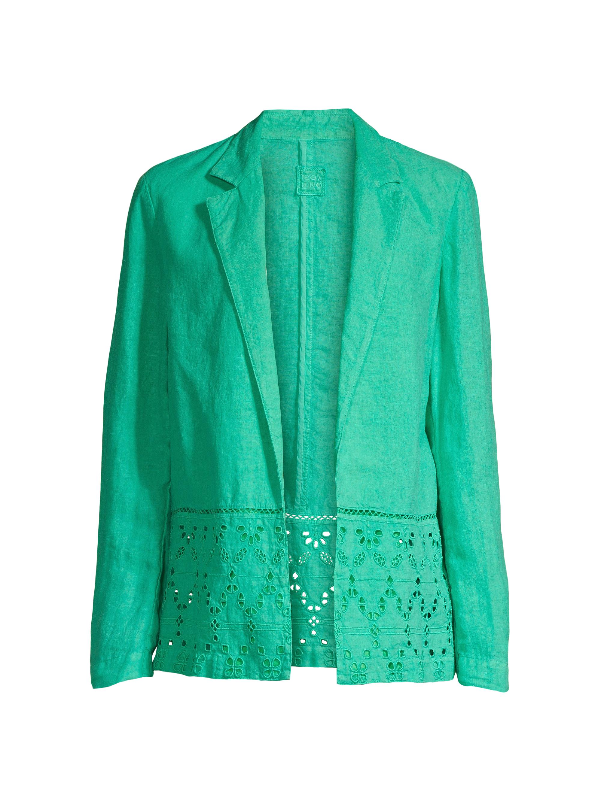 120% Lino Women's Resort Linen Eyelet Jacket - Emerald