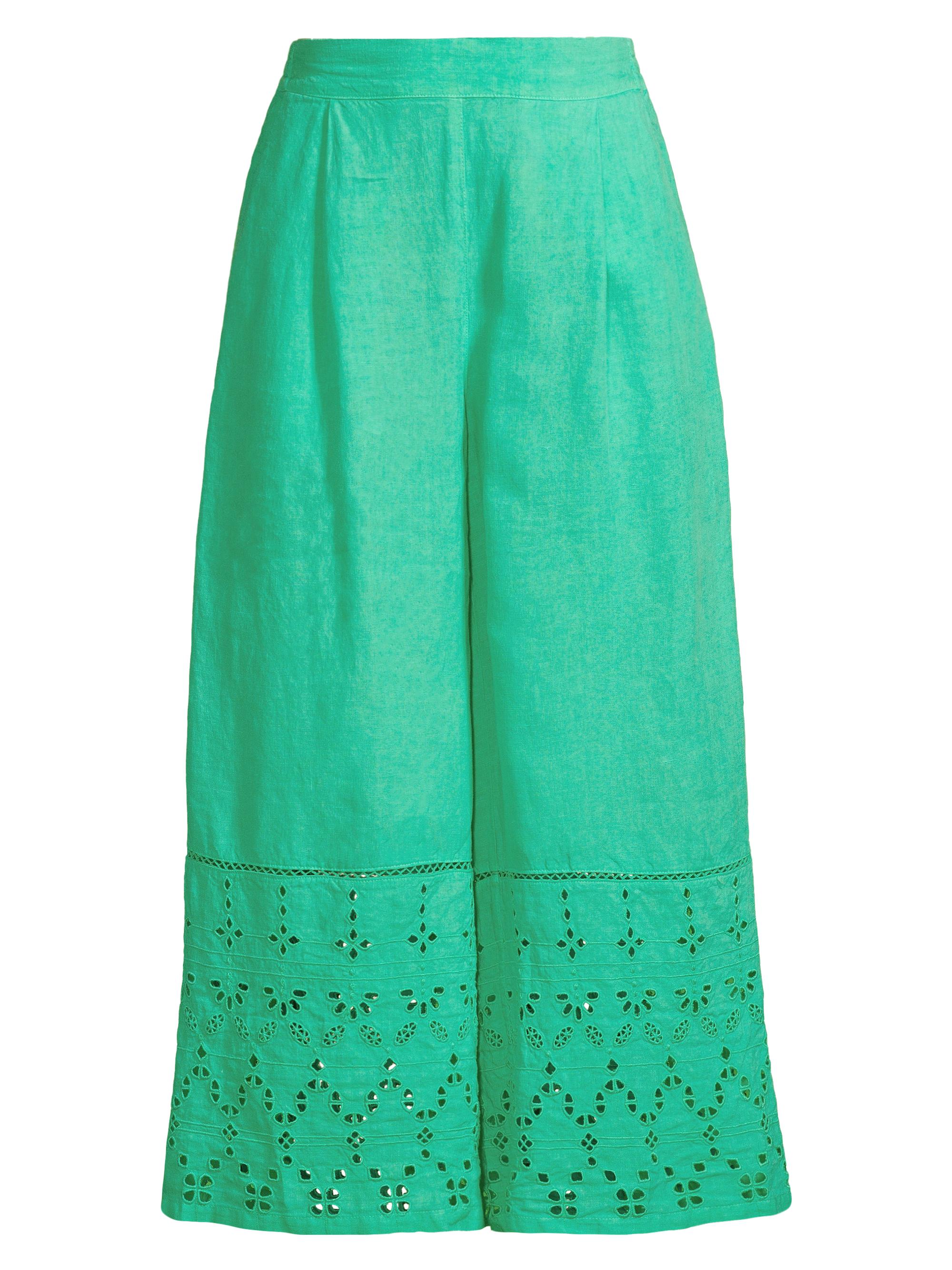 120% Lino Women's Resort Linen Cropped Eyelet Pants - Emerald