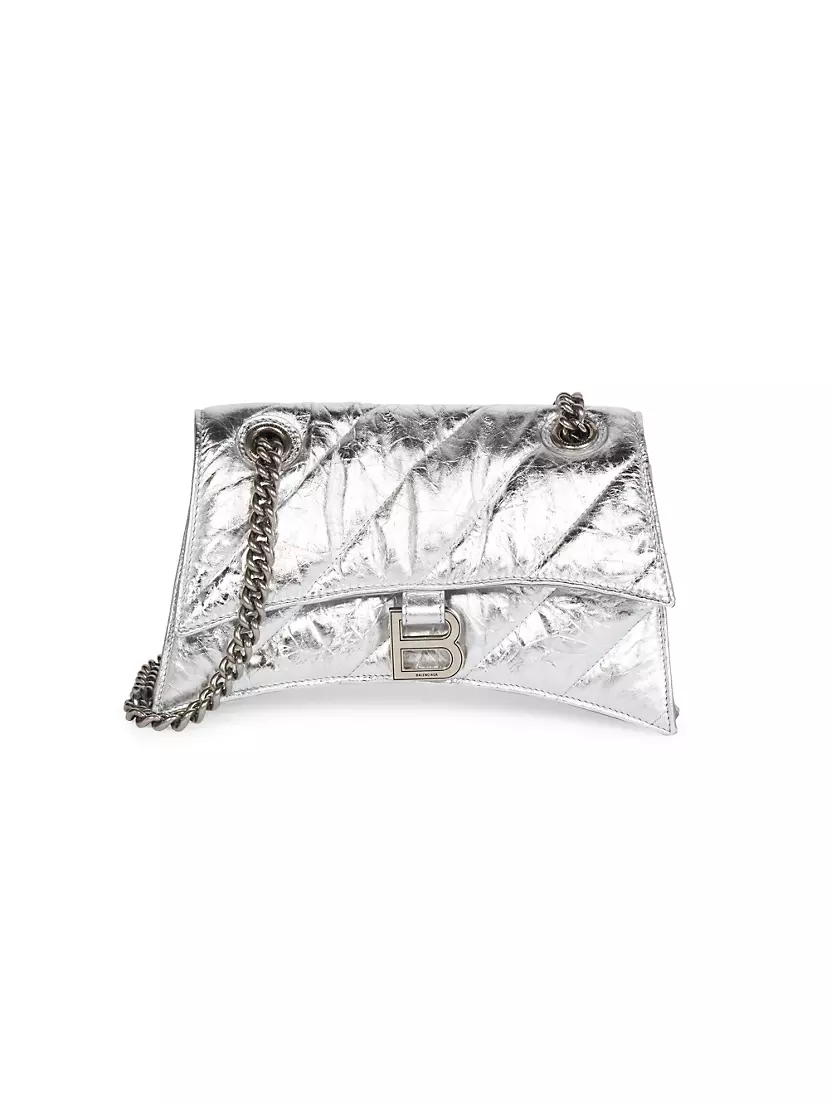 Balenciaga BB Chain Round Shoulder Bag Quilted Embroidered Leather Small  Silver 19505663