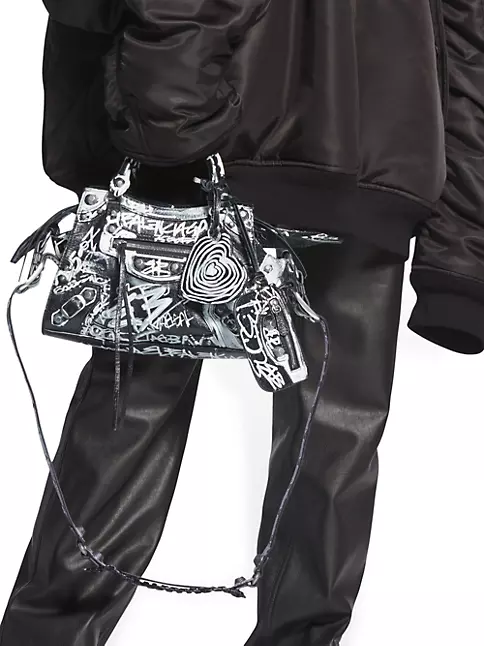 Balenciaga City Graffiti Print Black Arena Leather Shoulder Bag