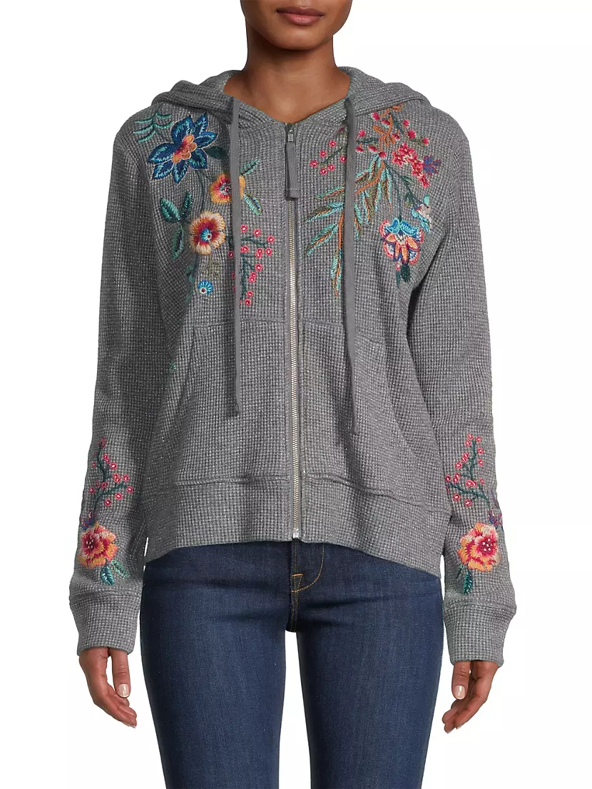 Shop Johnny Was Ardell Metallic Thermal Floral-Embroidered Hoodie