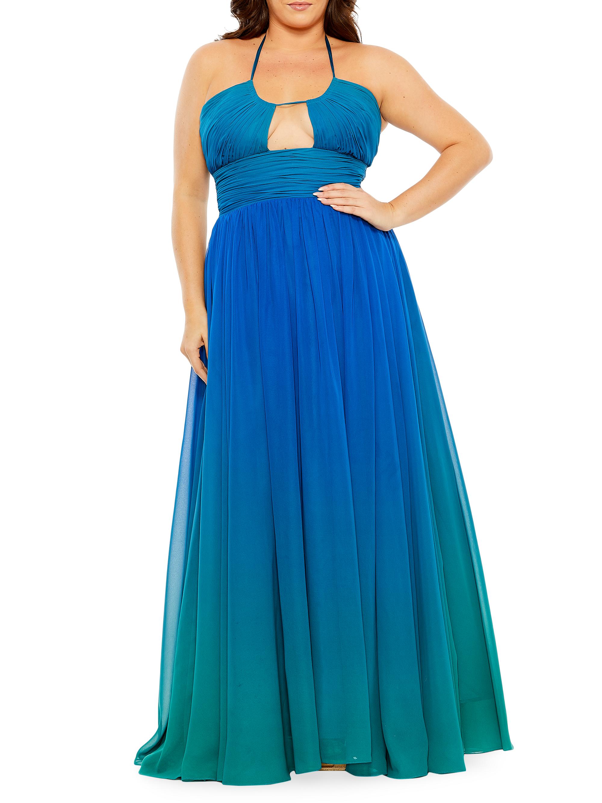 Mac Duggal Women's Plus Fabulouss Ruched Ombré Chiffon Halter Gown - Ocean Ombre