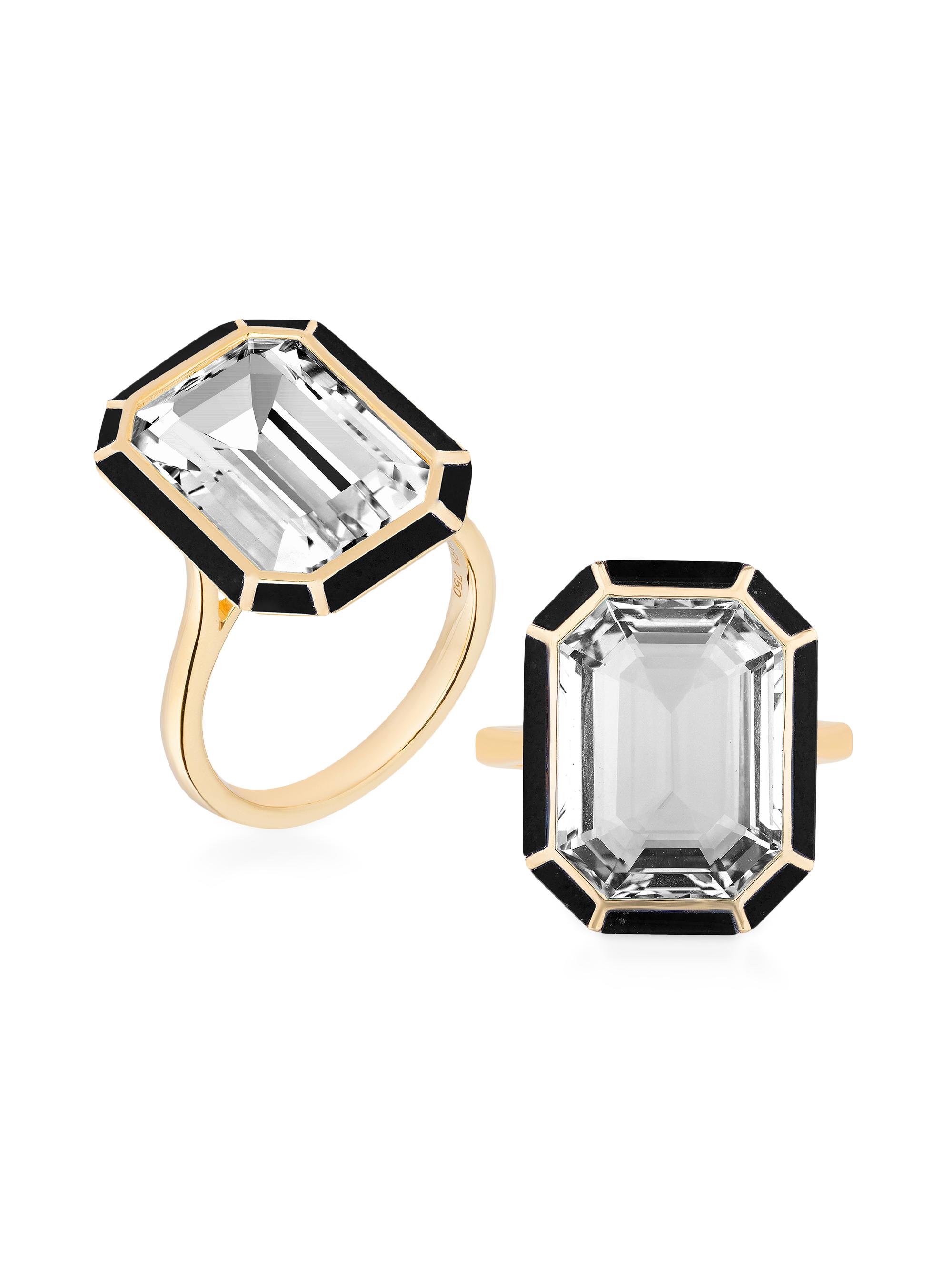 Goshwara Women's Mélange Rock Crystal & Onyx Emerald Cut Ring - Yellow Gold