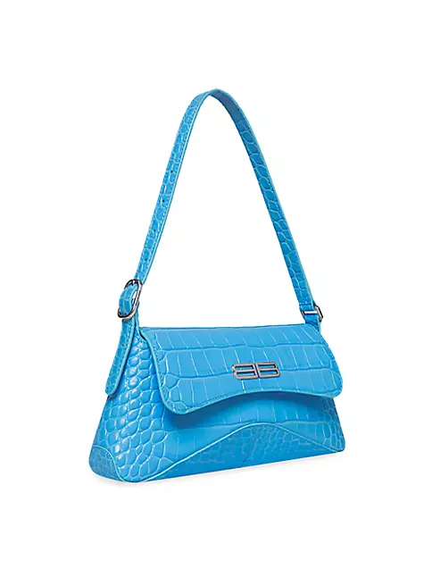 BALENCIAGA Calfskin Crocodile Embossed S Ville Top Handle Bag Bleu White  1248289