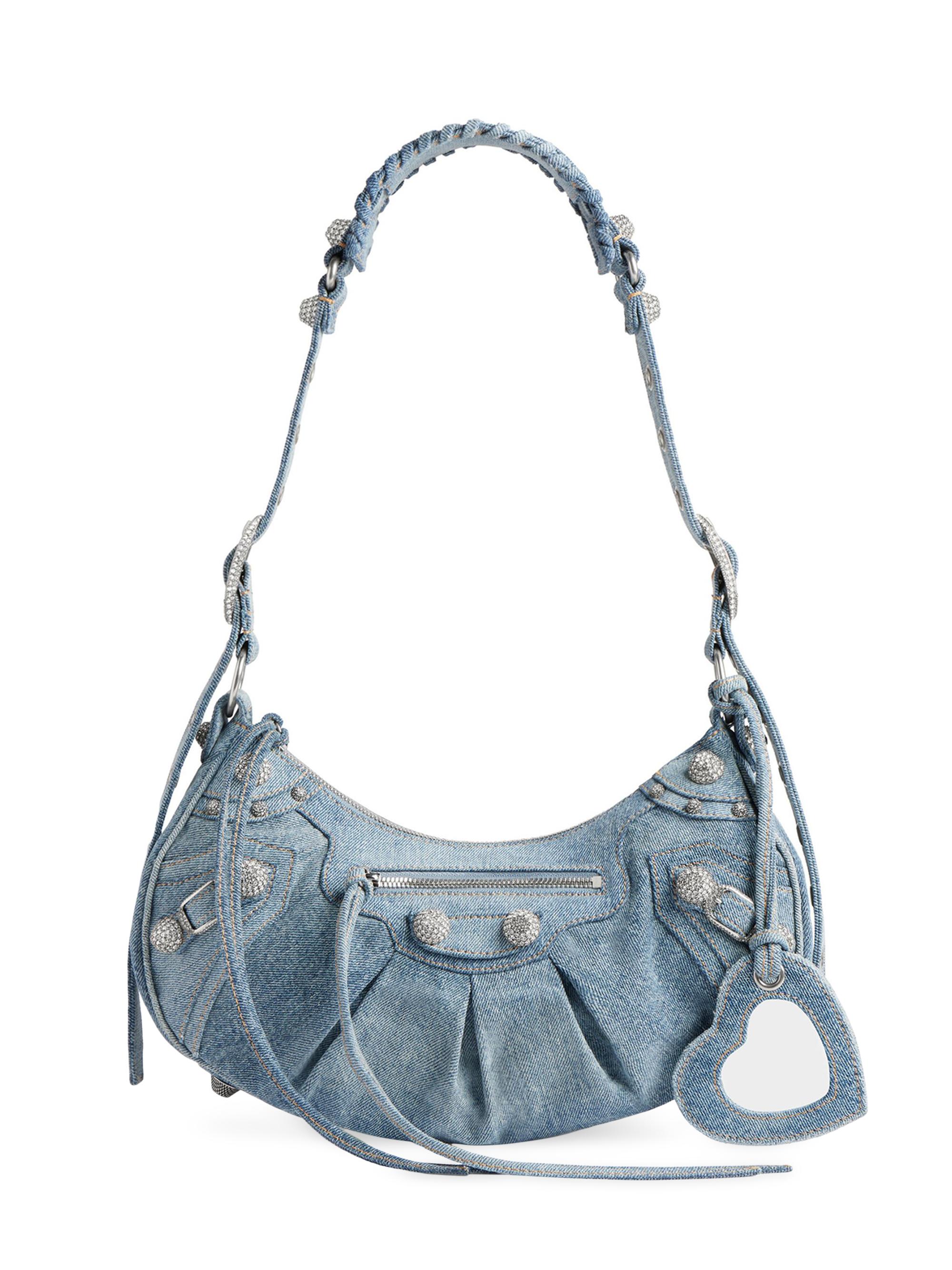 Balenciaga Women's Le Cagole  Shoulder Bag In Denim With Rhinestones - Blue