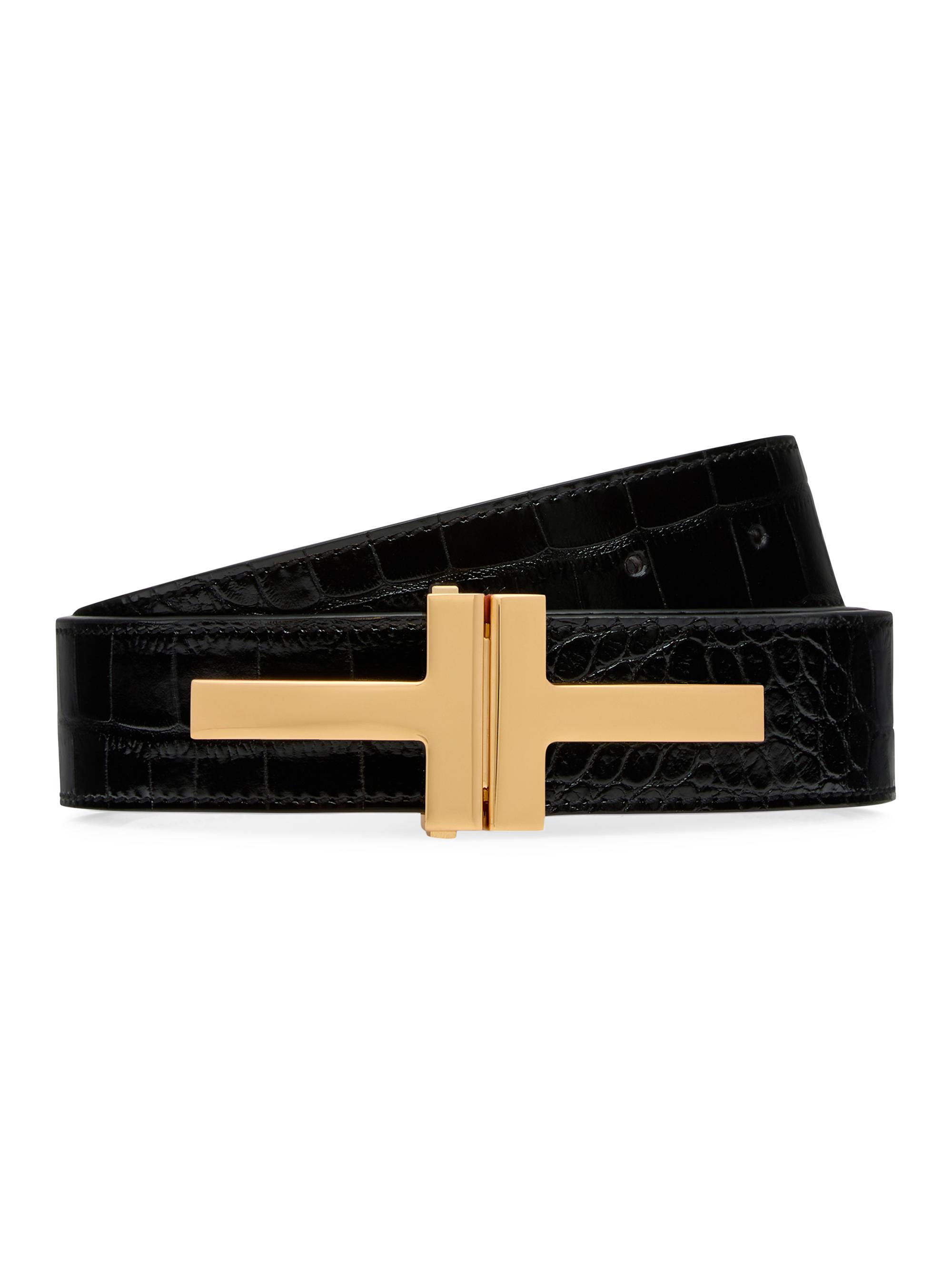 TOM FORD Women's Logo Croc-Embossed Leather Belt - Black