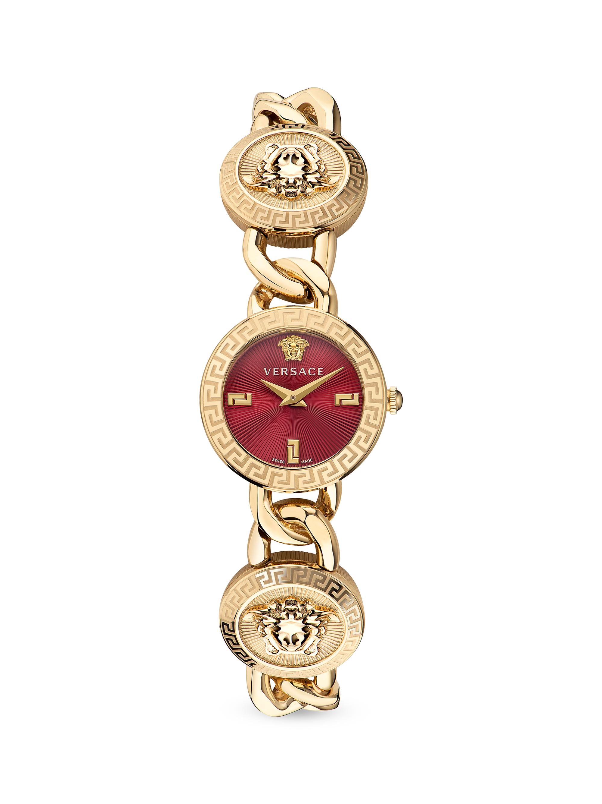 Versace Red Dial Ion-Plated Yellow Gold Bracelet Watch | Saks