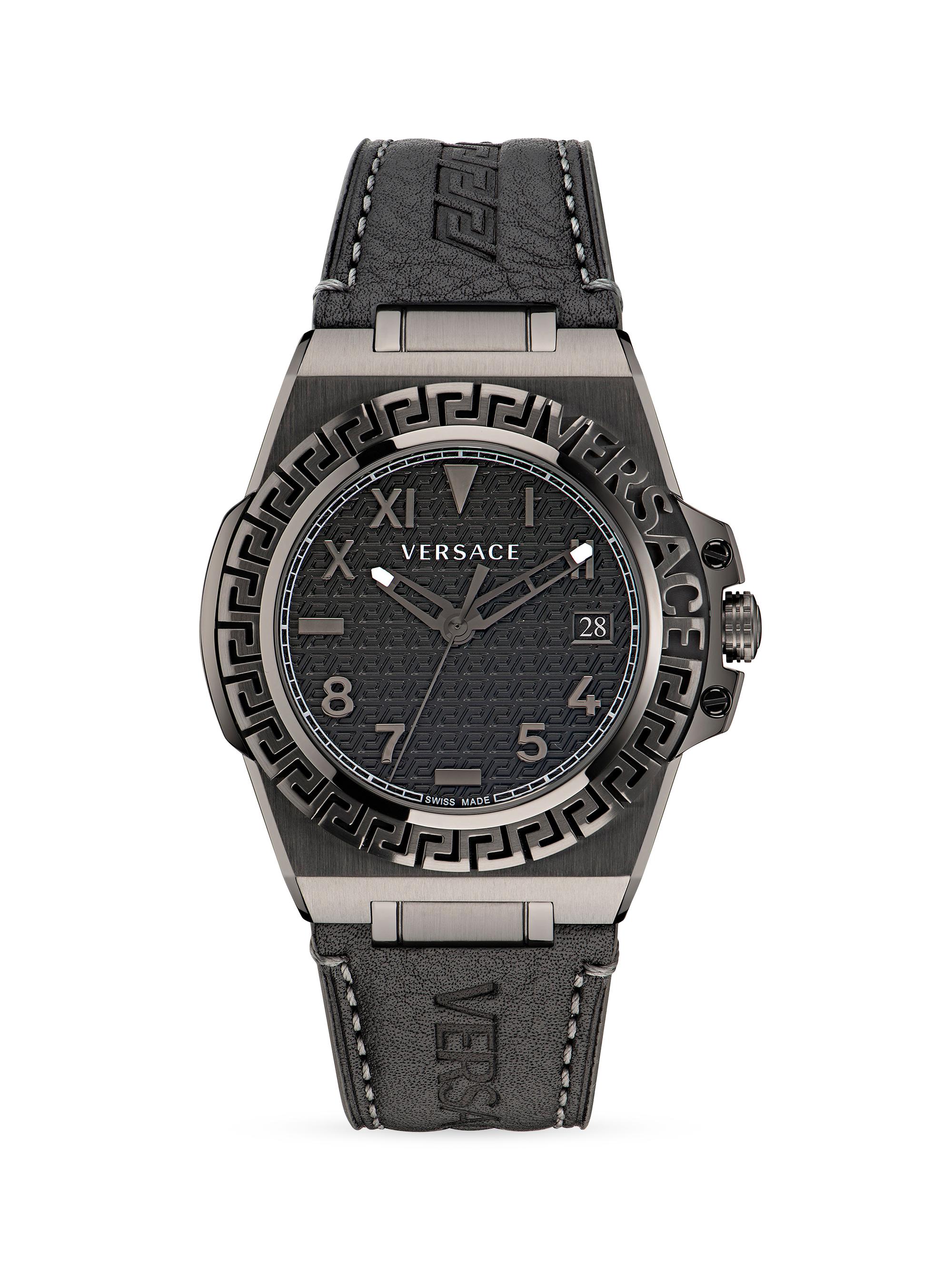 Versace Men's Greca Reaction Leather Strap Watch - Gunmetal
