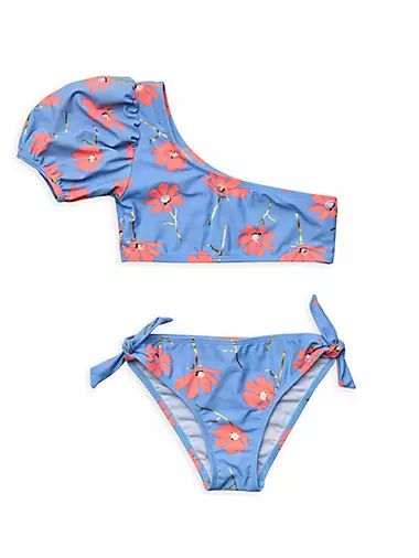 Girl's Beach Bloom One-Shoulder Puff Sleeve 2-Piece Bikini