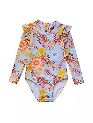 Blooming Hibiscus Girls One Piece Long Sleeve Swimsuit 6m-10