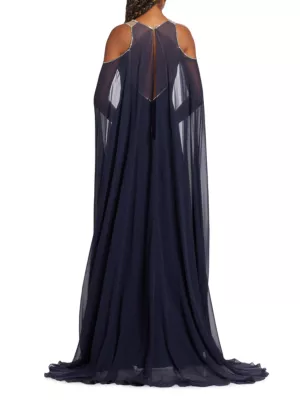 Jenny Packham cape-sleeve silk gown - Black