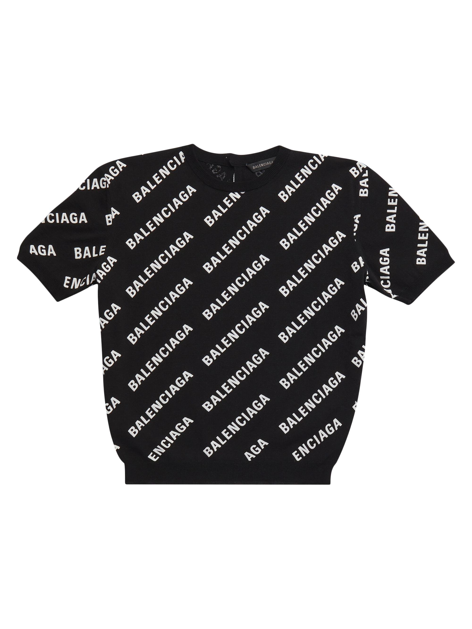 Balenciaga Women's Allover Logo Crop Short Sleeve Sweater - Black