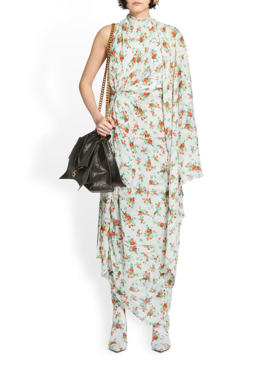 Balenciaga Paper Crush Floral Asymmetric Pleated Dress