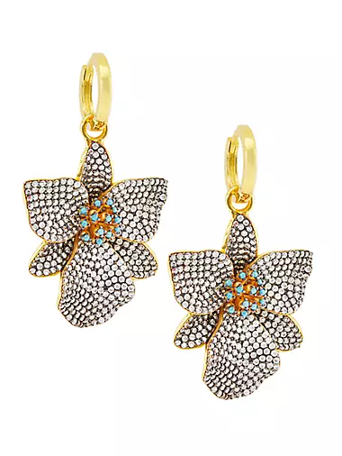 Botanical Garden Orchid 24K-Gold-Plated, Zircon, & Faux Turquoise Drop Earrings
