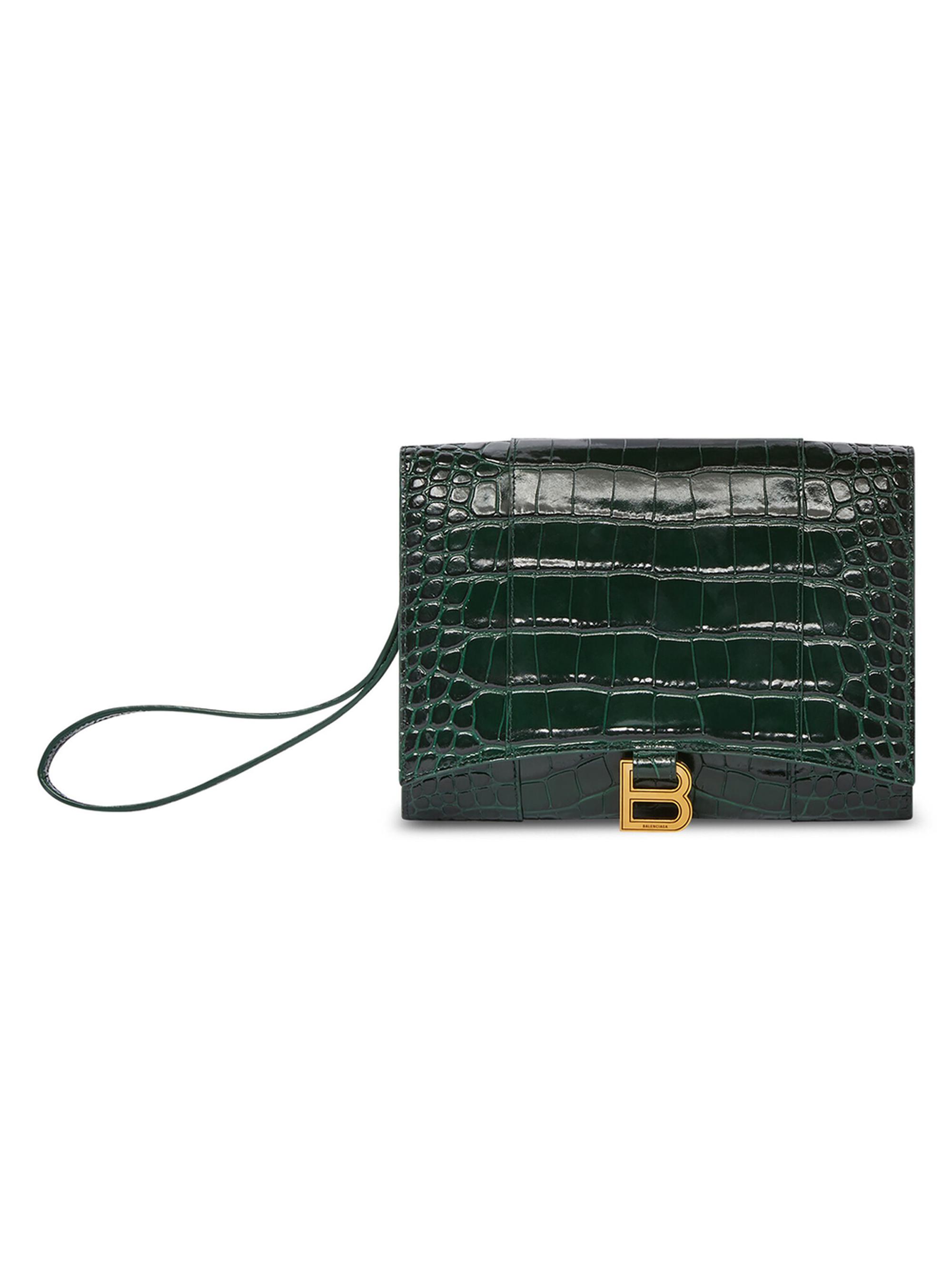 Balenciaga Women's Hourglass Gusset Pouch Crocodile Embossed - Forest Green