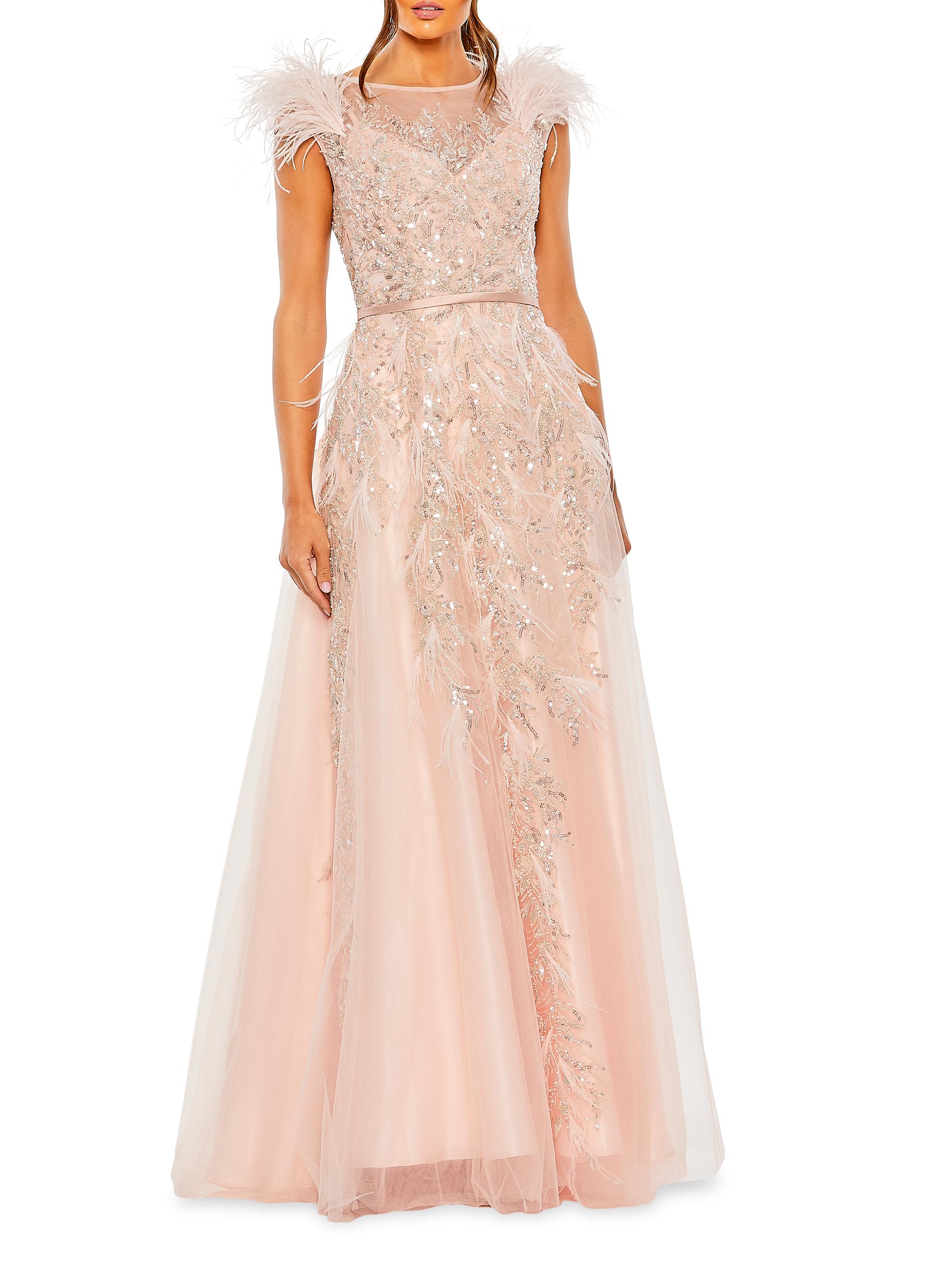 Mac Duggal Women's Beaded Feather-Trim Gown - Blush
