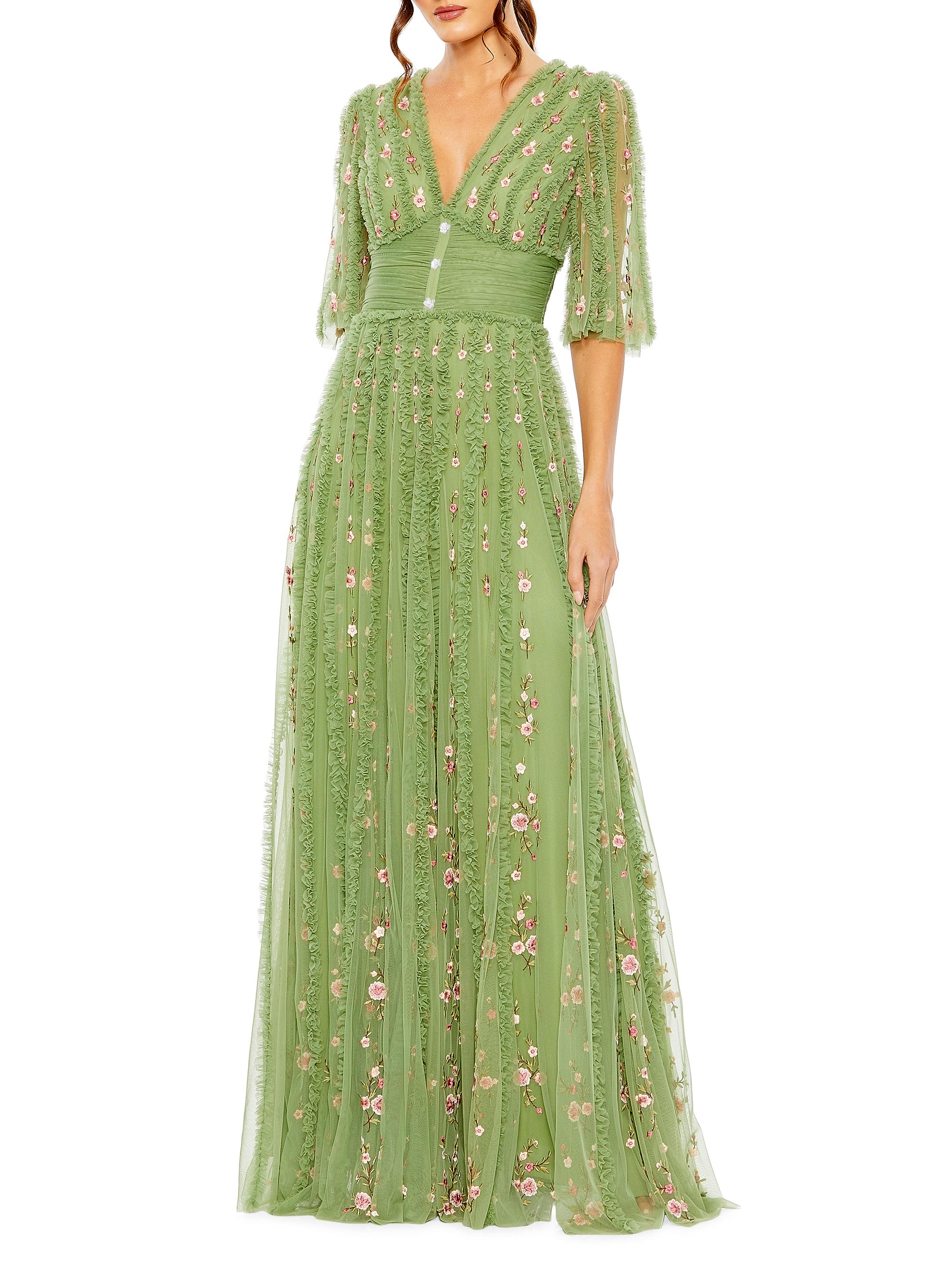 Mac Duggal Women's Floral Ruffle-Trim Mesh Gown - Moss Green