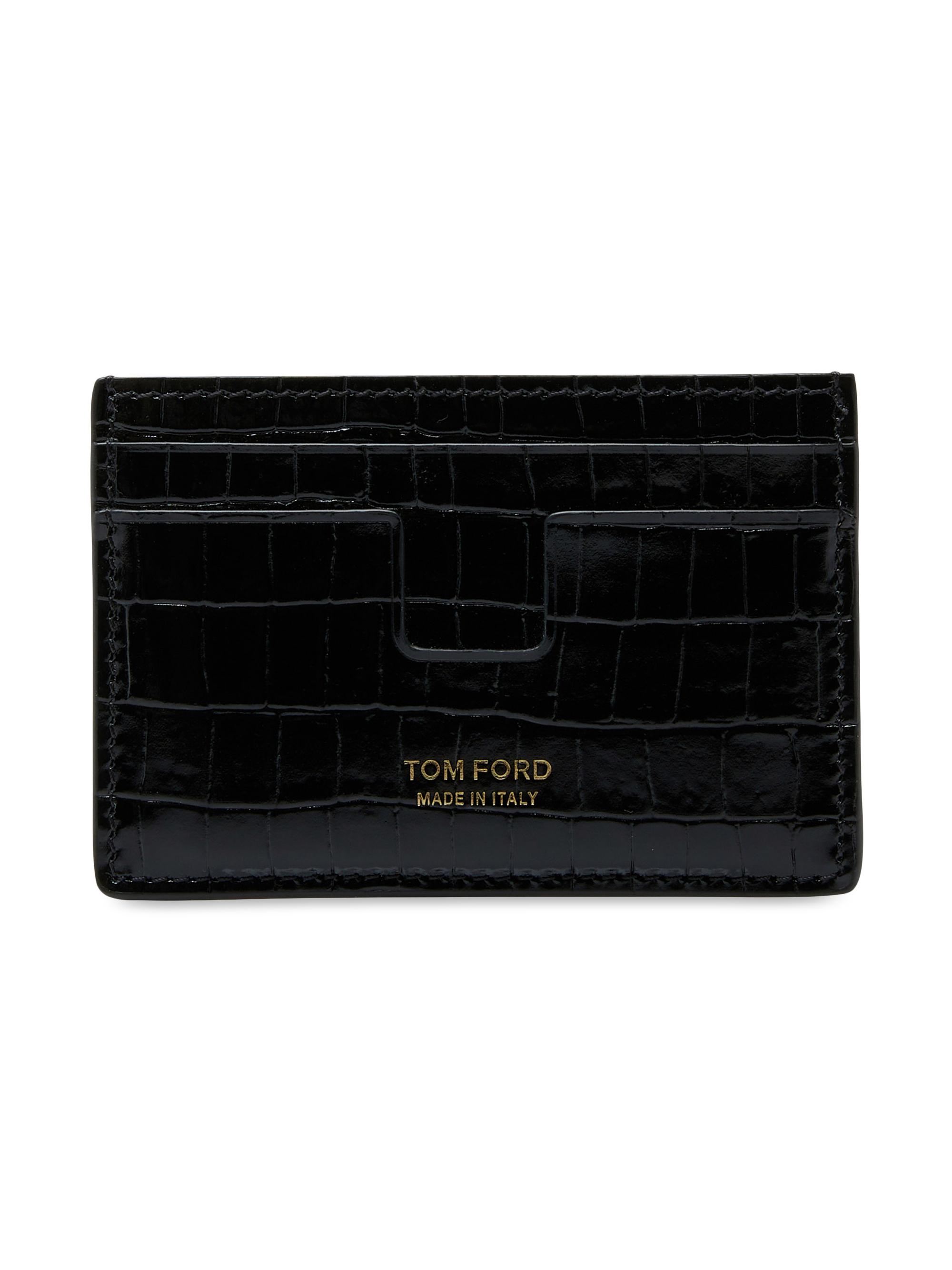 TOM FORD Men's Glossy Croc-Embossed Leather Card Holder - Black