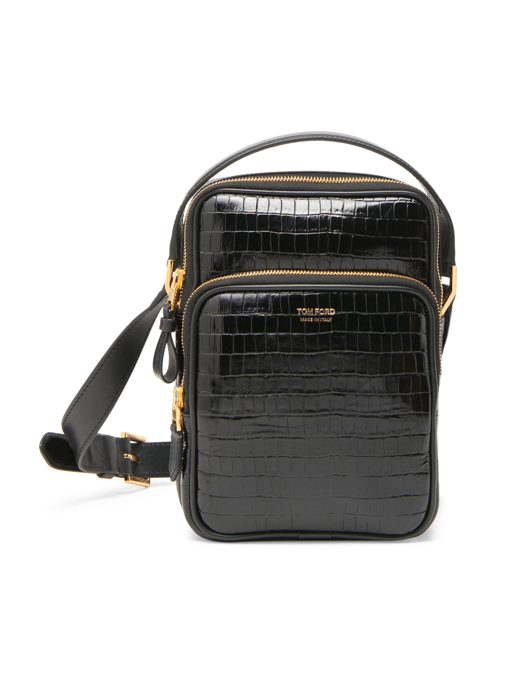 TOM FORD Men's  Buckley Croc-Embossed Leather Crossbody Bag - Black