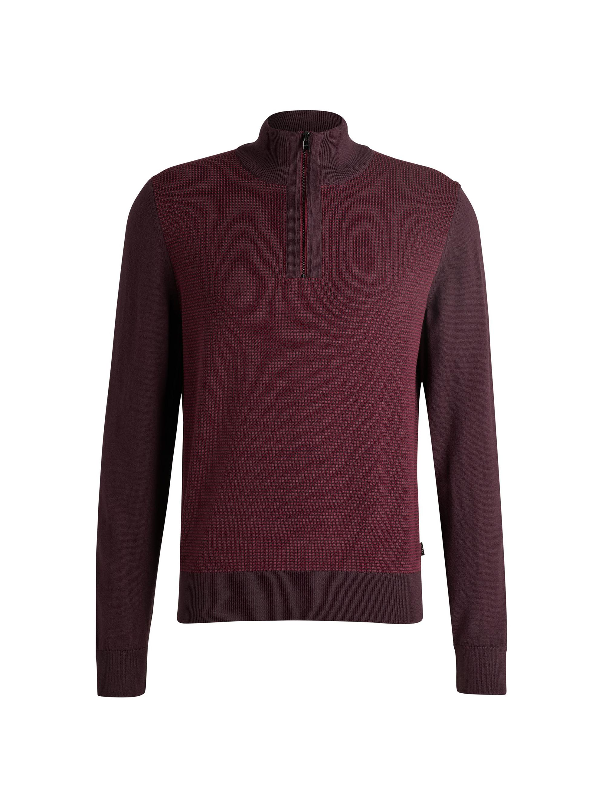 BOSS Men's Zip-Neck Sweater with Mixed Structures - Light Red