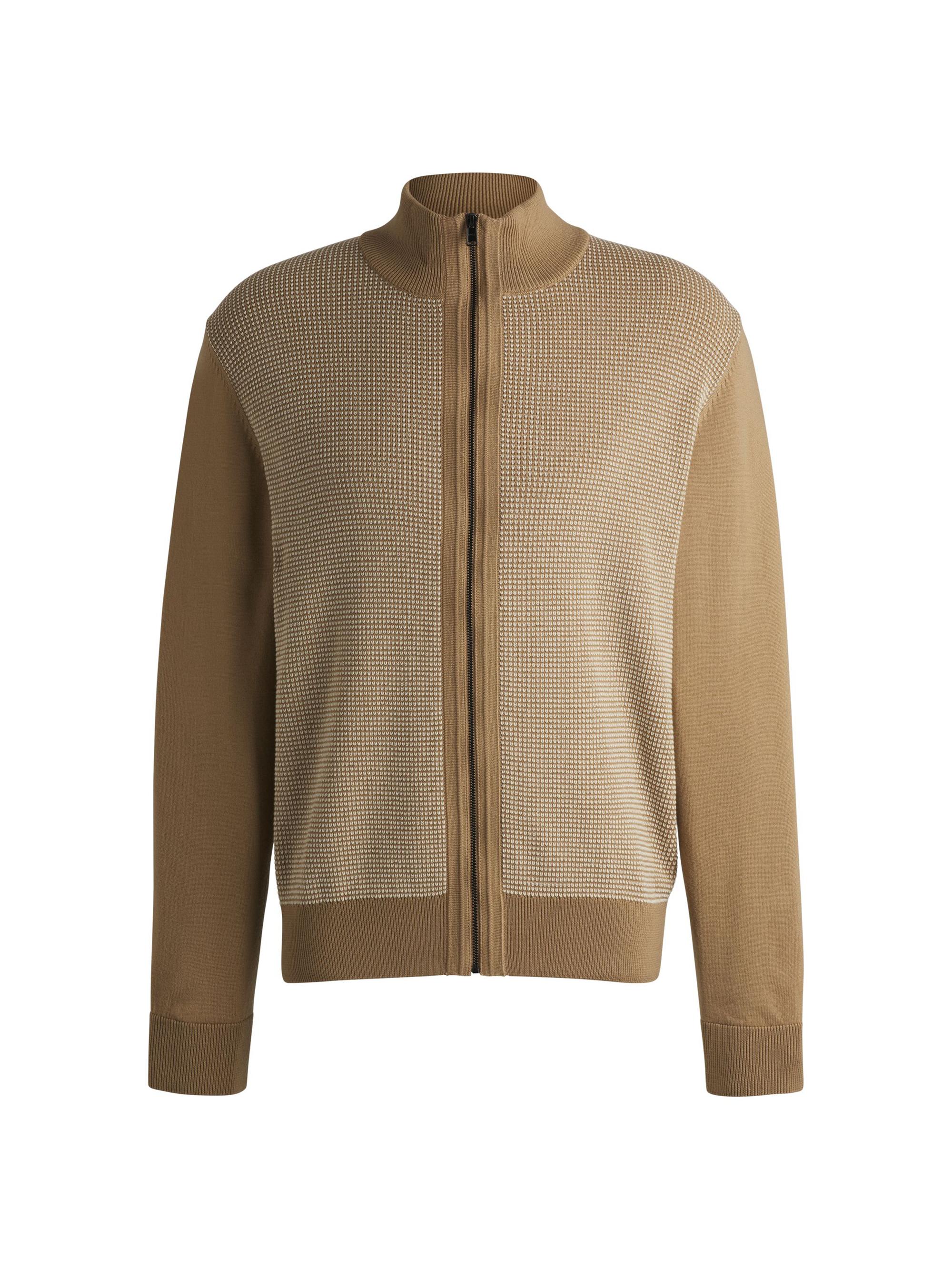 BOSS Men's Zip-Up Cardigan in Wool with Mixed Structures - Beige