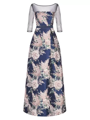 Kay Unger Women's Illusion-Sleeve Jacquard Ball Gown - Marine Blue Rose Tan