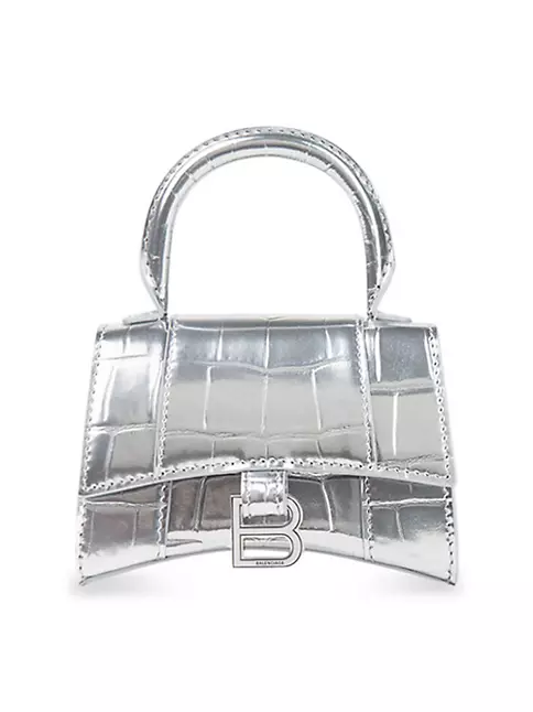 Women's Hourglass Mini Handbag Metallized Crocodile Embossed in Silver