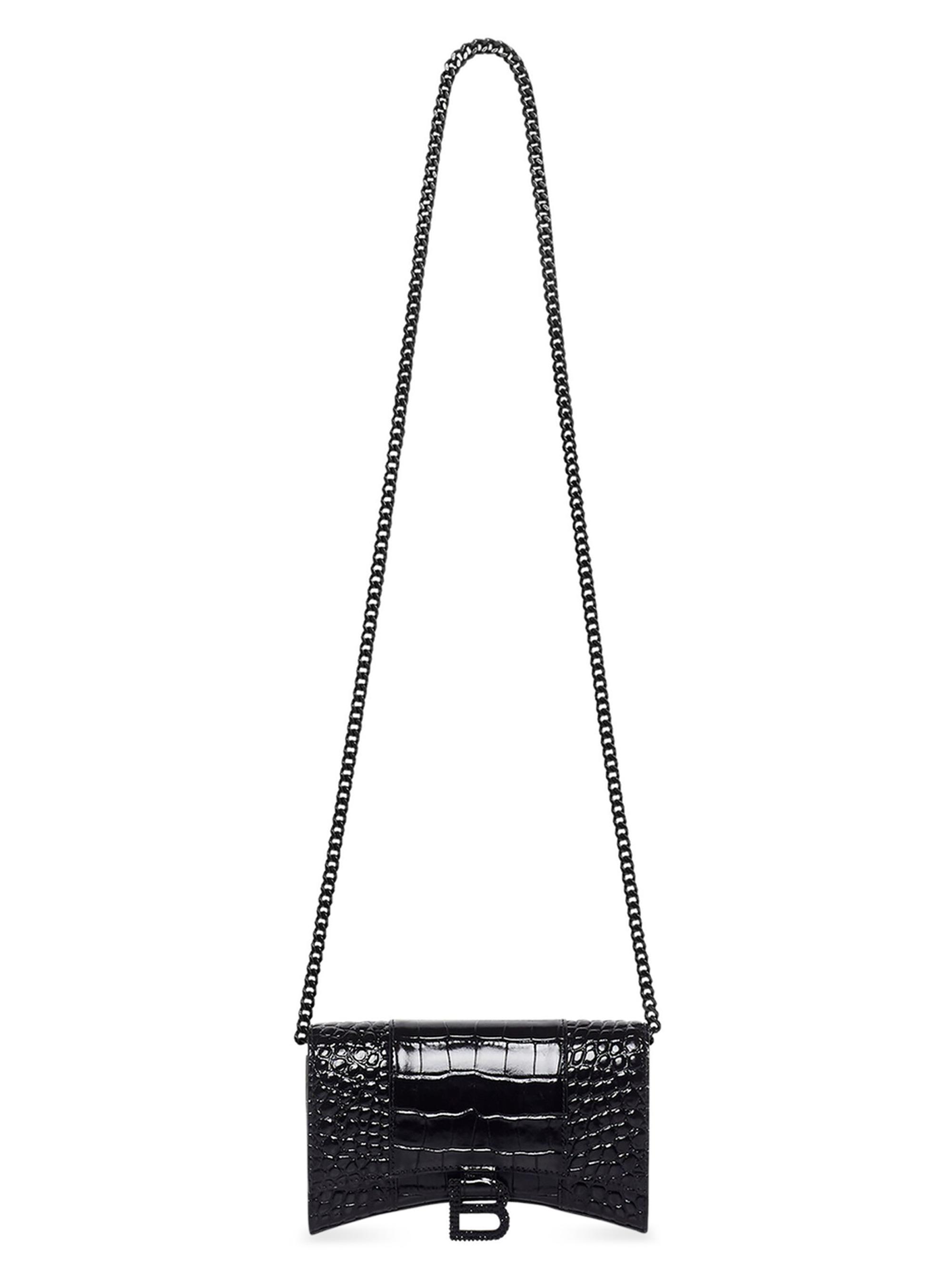 Balenciaga Women's Hourglass Wallet With Chain Crocodile Embossed With Rhinestones - Black