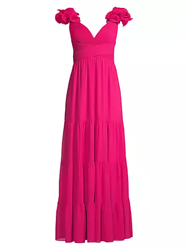 Ruffled-Shoulder Pleated Tiered Gown