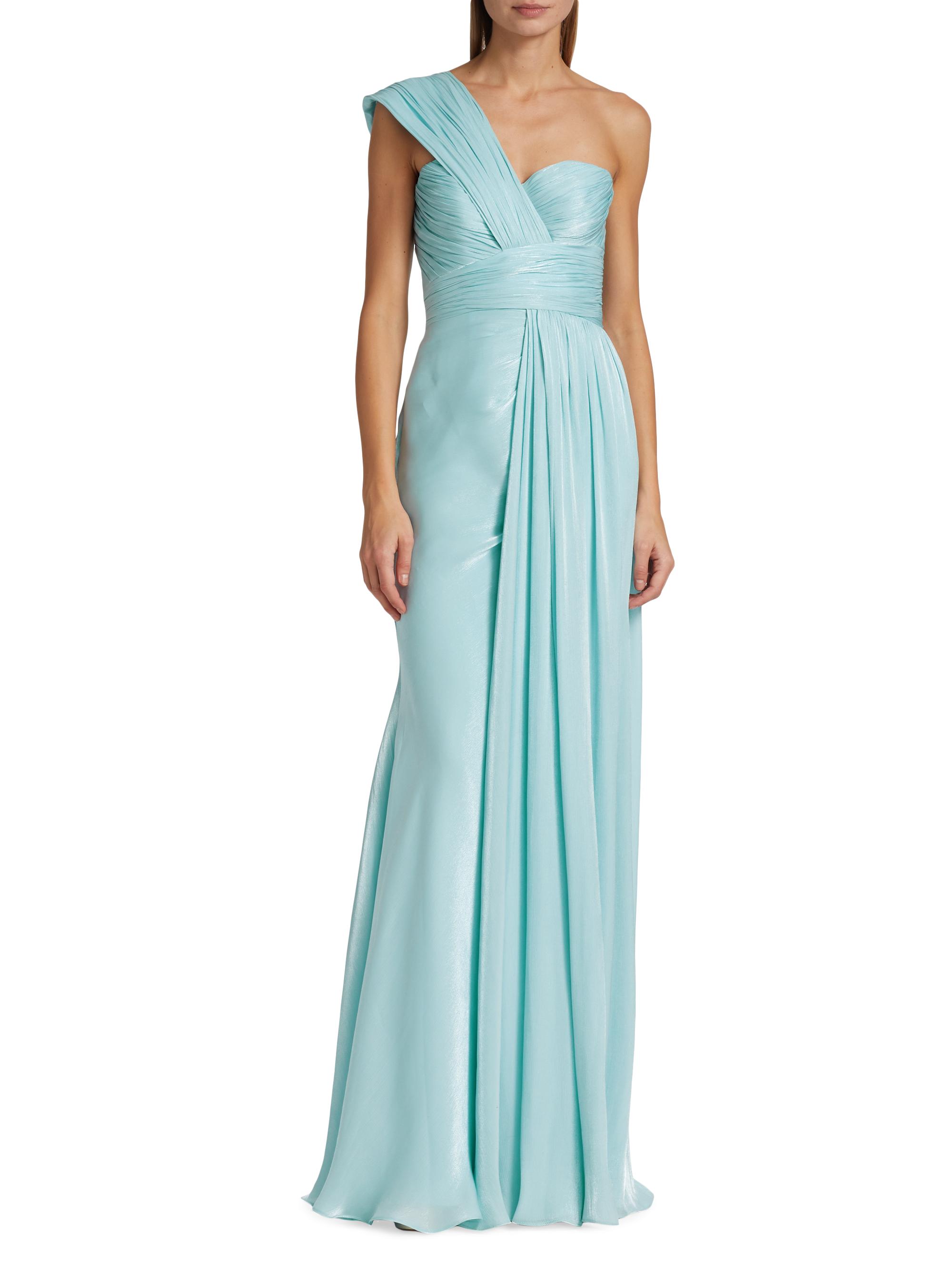 open lace back dress Badgley Mischka Embellished Cascade Bow Ruffles Asymmetrical One-Shoulder  Neckline Sleeveless Column Sheath Silhouette Long Gown Dress main image 0