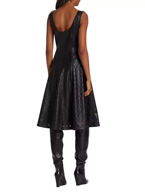 Shop Elie Tahari Perforated Faux Leather Fit & Flare Dress | Saks