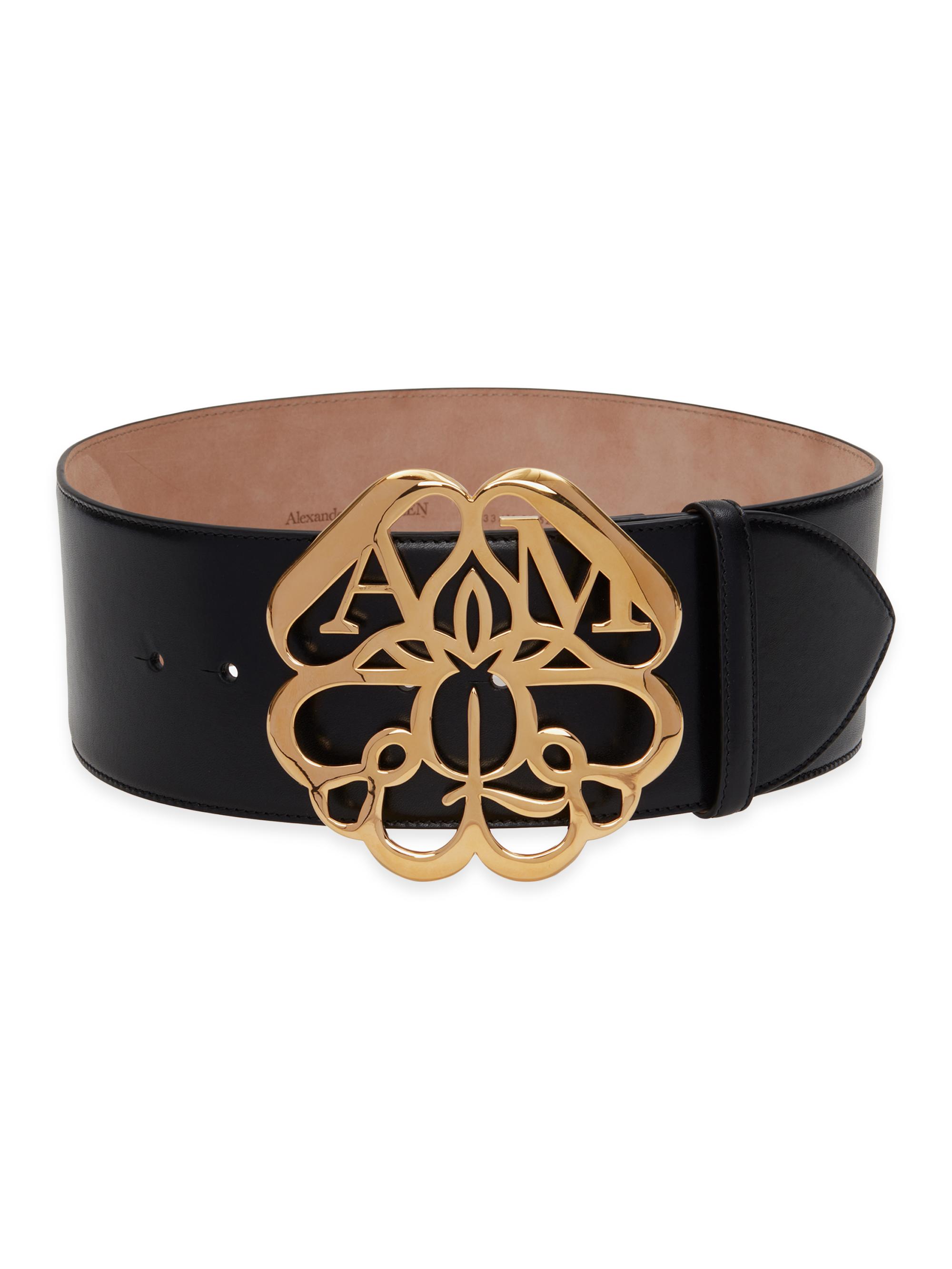 McQueen Women's Oversized-Seal Logo Leather Waist Belt - Black