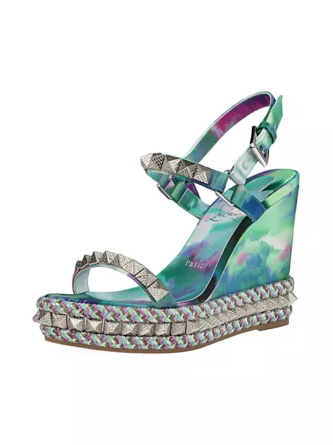 Shop Christian Louboutin Pyraclou 110MM Silk Studded Wedge Sandals