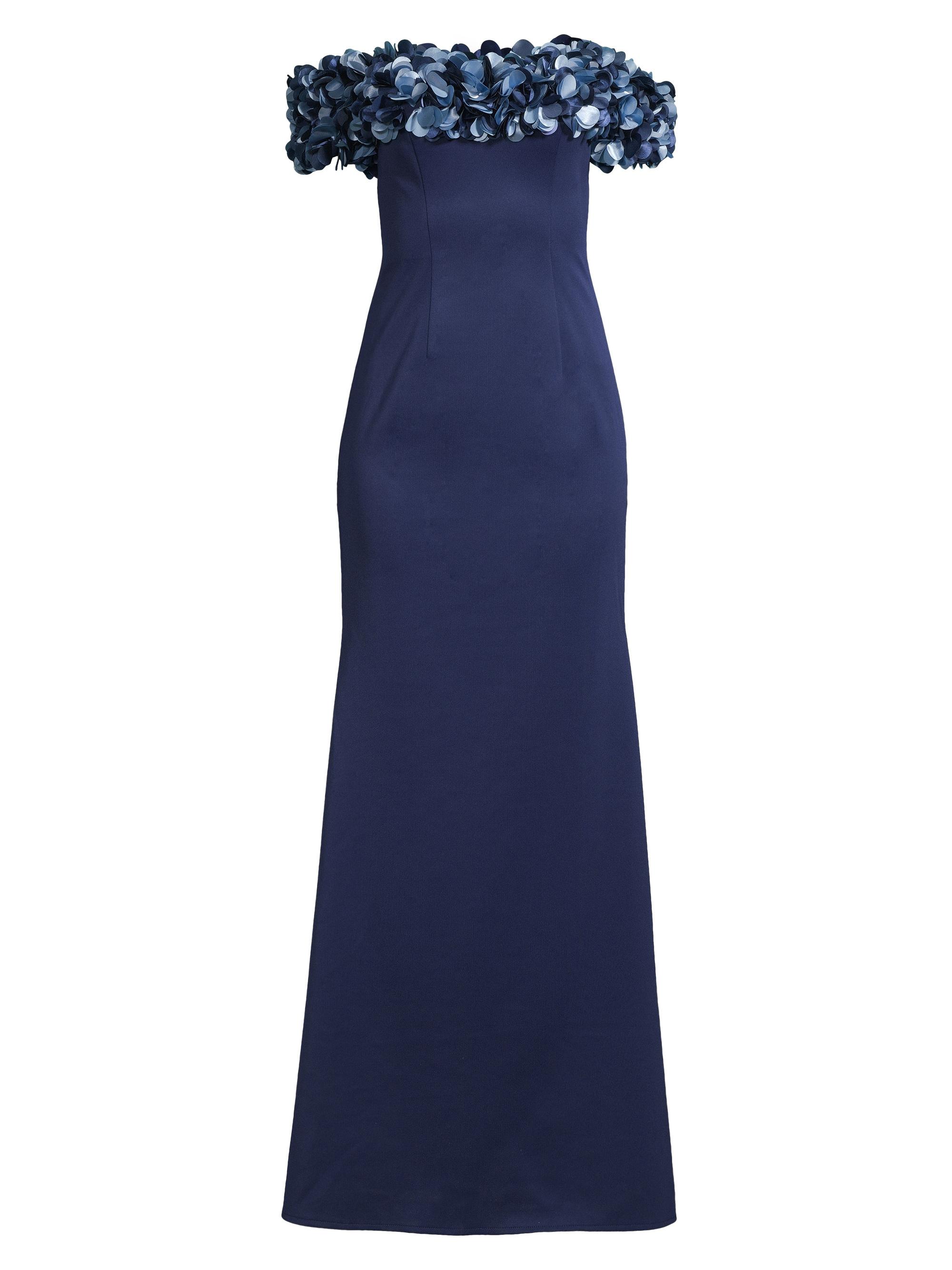 Basix Women's Off-The-Shoulder Petal-Neck Column Gown - Navy Steel Blue