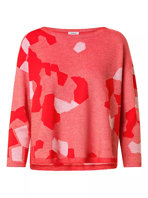 Akris Punto Kaleidoscope Long-Sleeve Oversized Sweater, Red-Cream, Women's, 10, Sweaters
