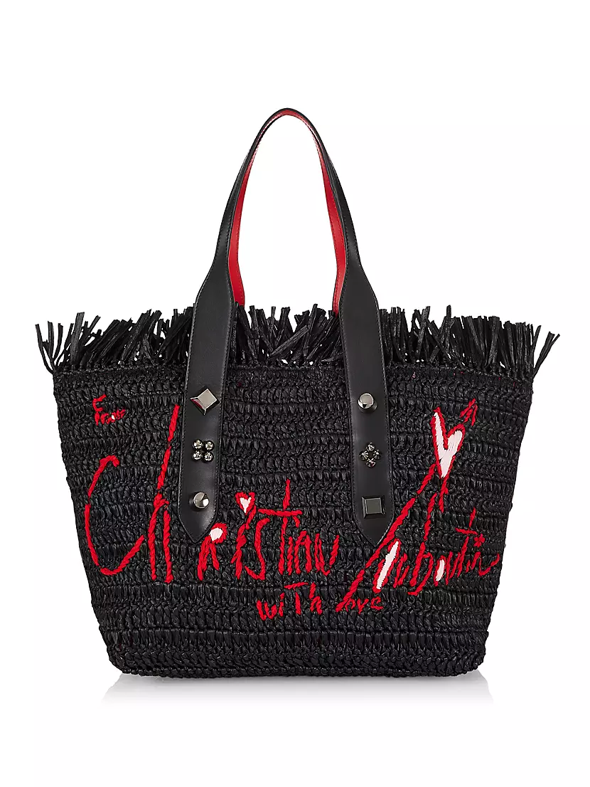 Frangibus Medium Embroidered Raffia Tote Bag in Black - Christian Louboutin