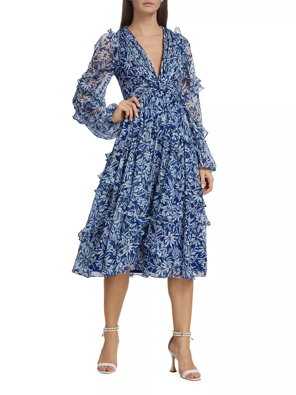 Blue Floral Ruffle Trim Dress by Badgley Mischka for $70