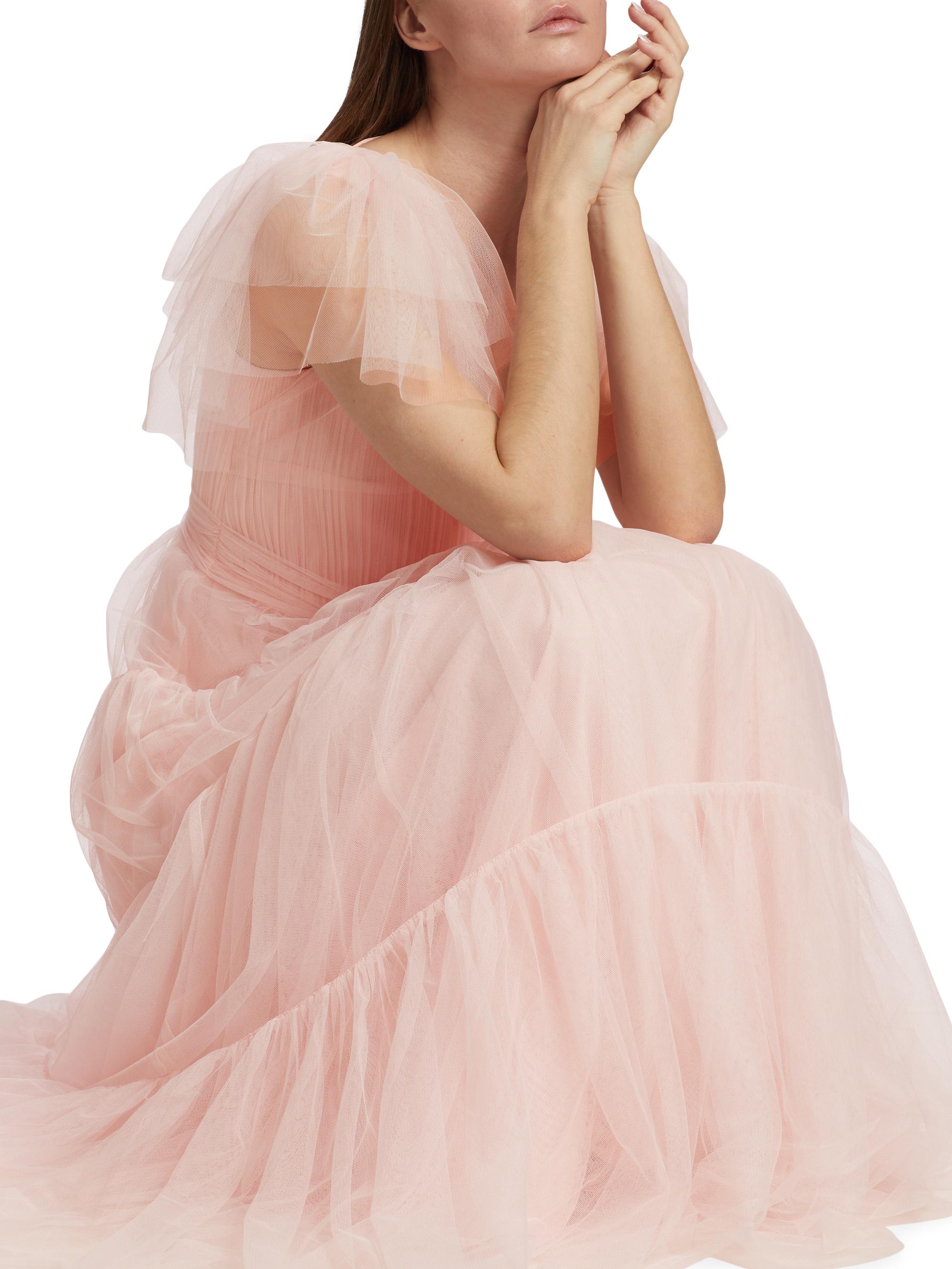 ML Monique Lhuillier Flutter-Sleeve Tulle Maxi Dress | Saks Fifth Avenue