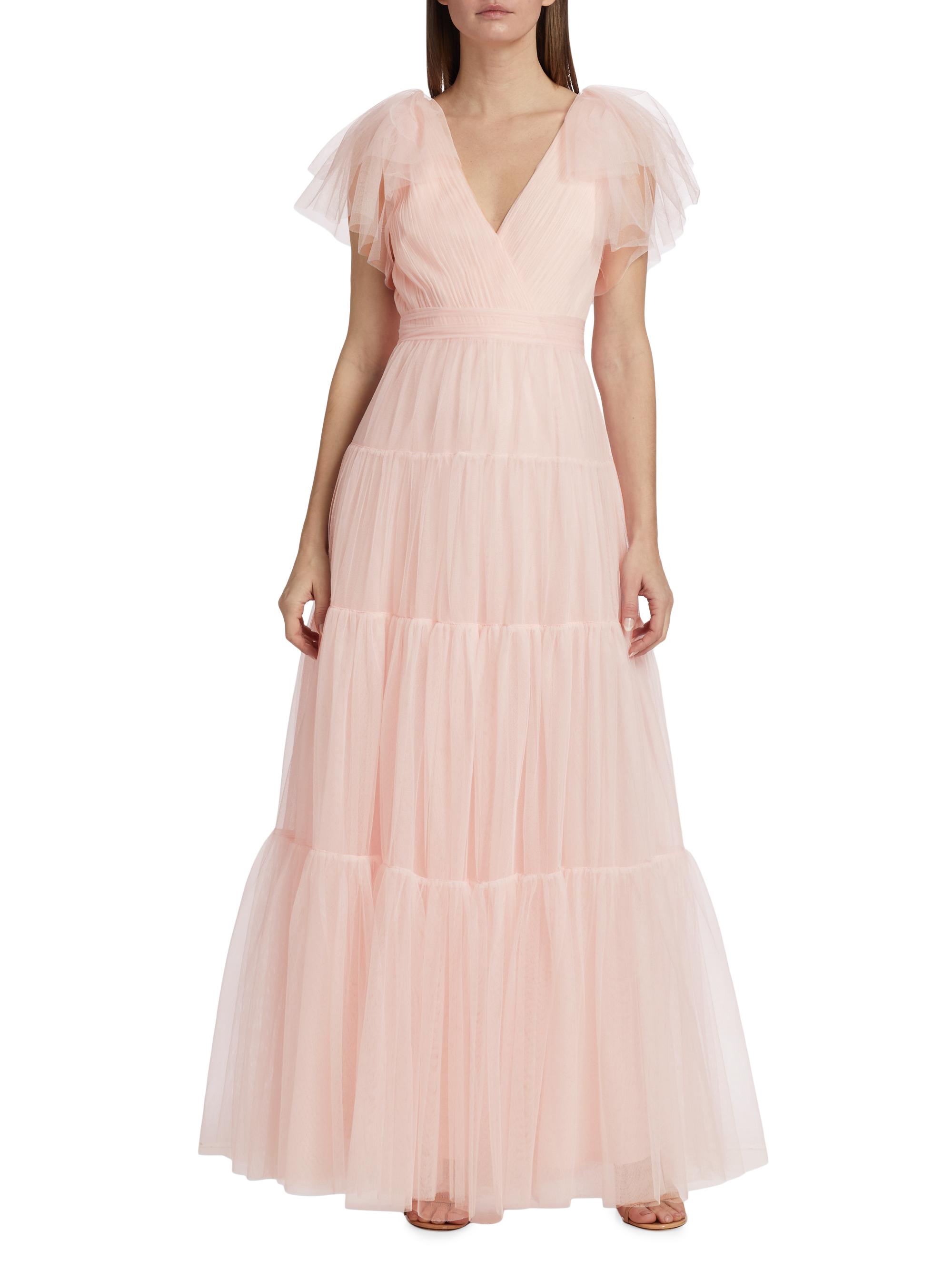 ML Monique Lhuillier Flutter-Sleeve Tulle Maxi Dress Saks Fifth
