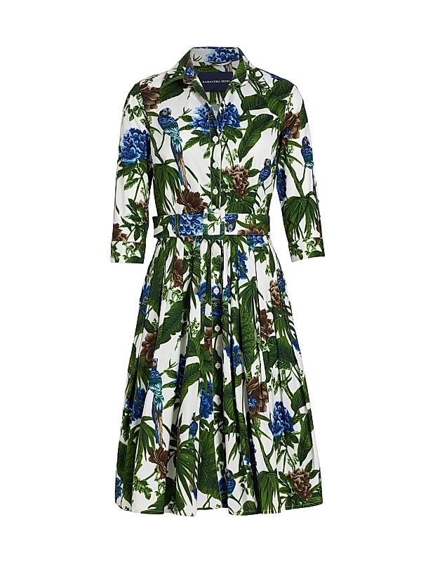 knee length dresses for ladies Blue Palm Print Midi Dress- Women's Vacation Dresses- Tropical Print Midi Dress Medium
