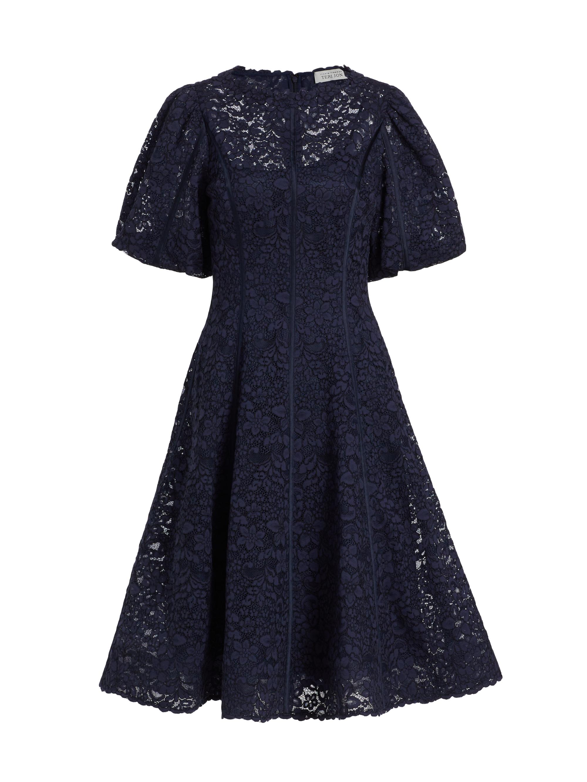 Teri Jon by Rickie Freeman Balloon-Sleeve Floral Lace Cocktail Dress