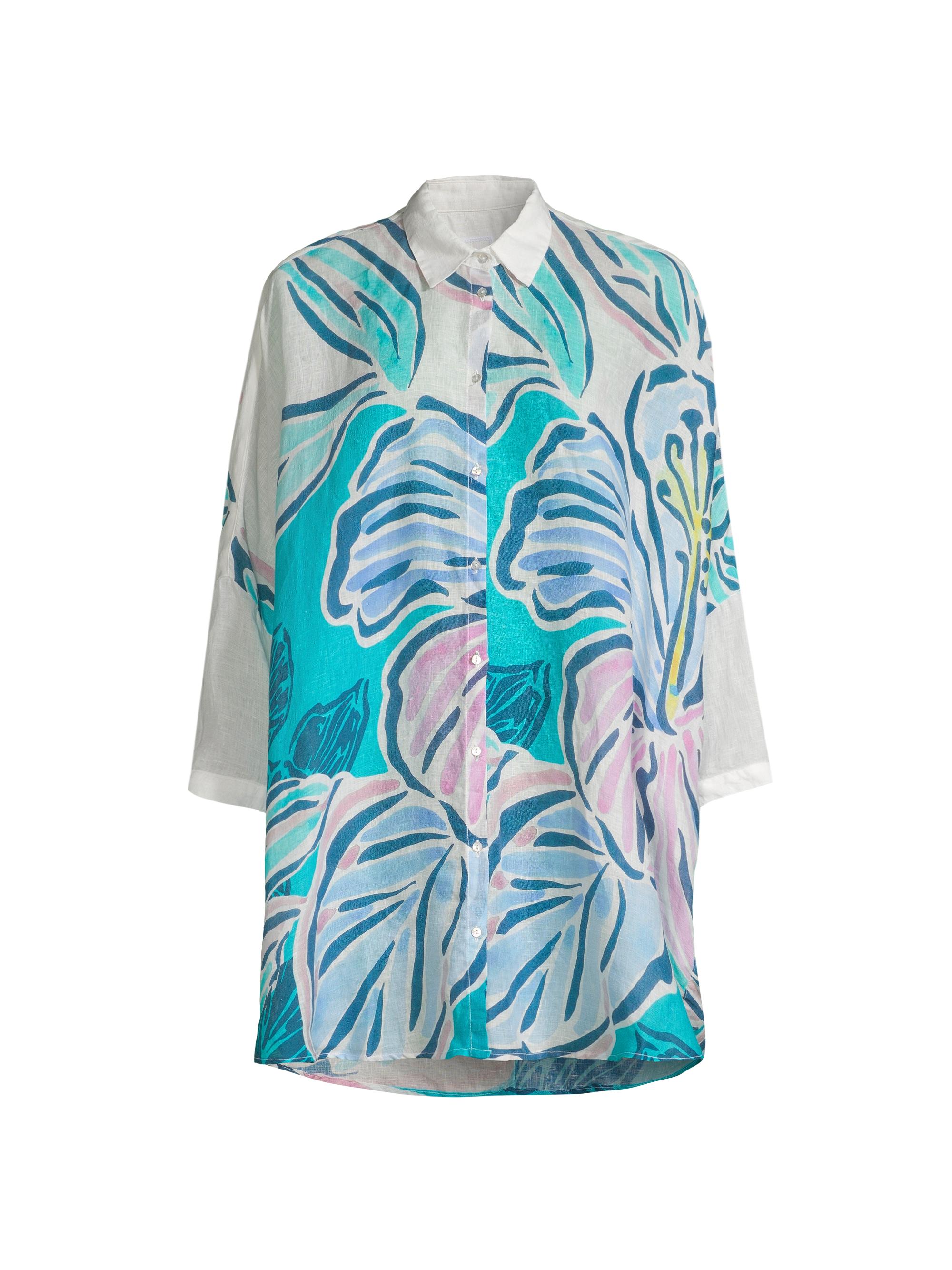 120% Lino Women's Floral Oversized Linen Shirt - White Blue