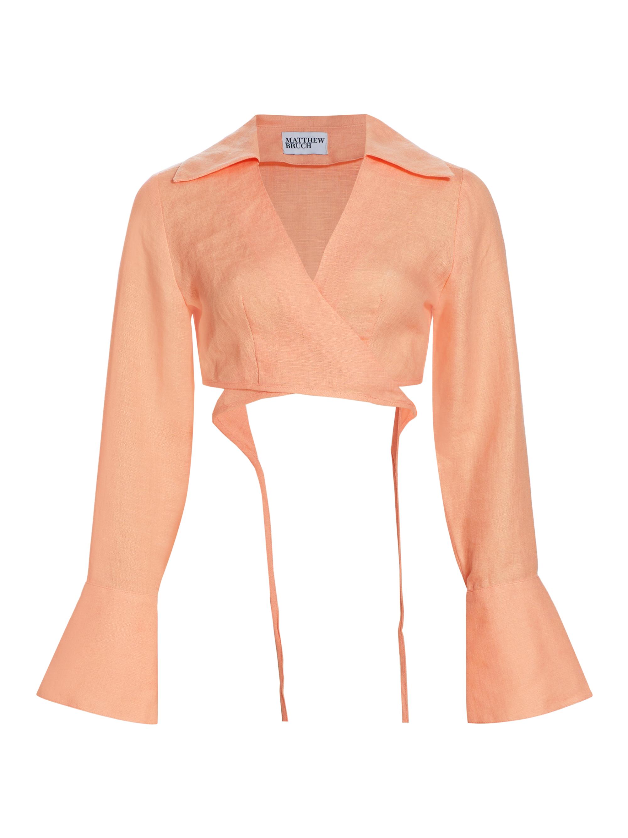 Matthew Bruch Women's Linen Wrap Cropped Shirt - Peach Linen